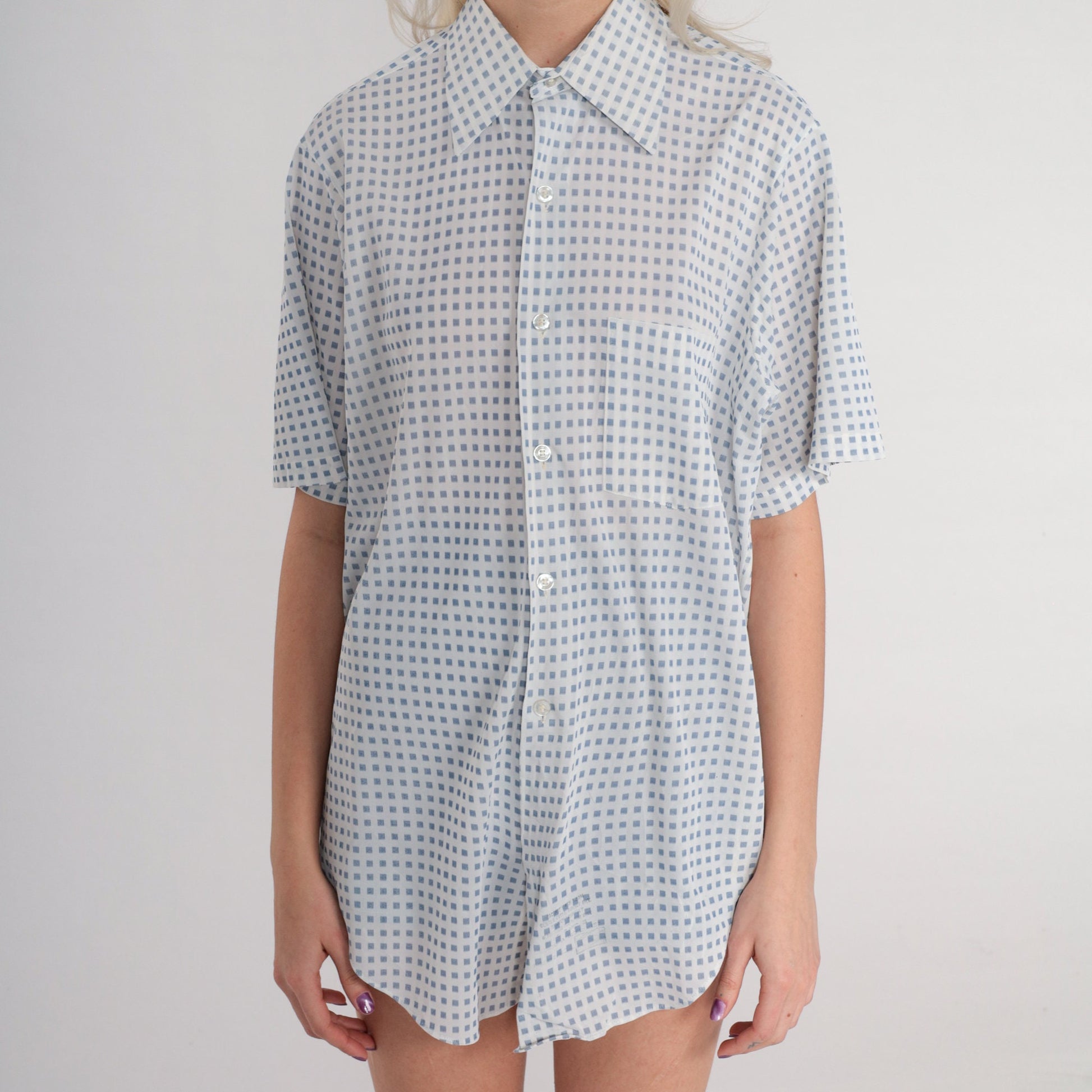 70s Arrow Button-Up Shirt White Blue Square Print Short Sleeve Pointed Collar Large