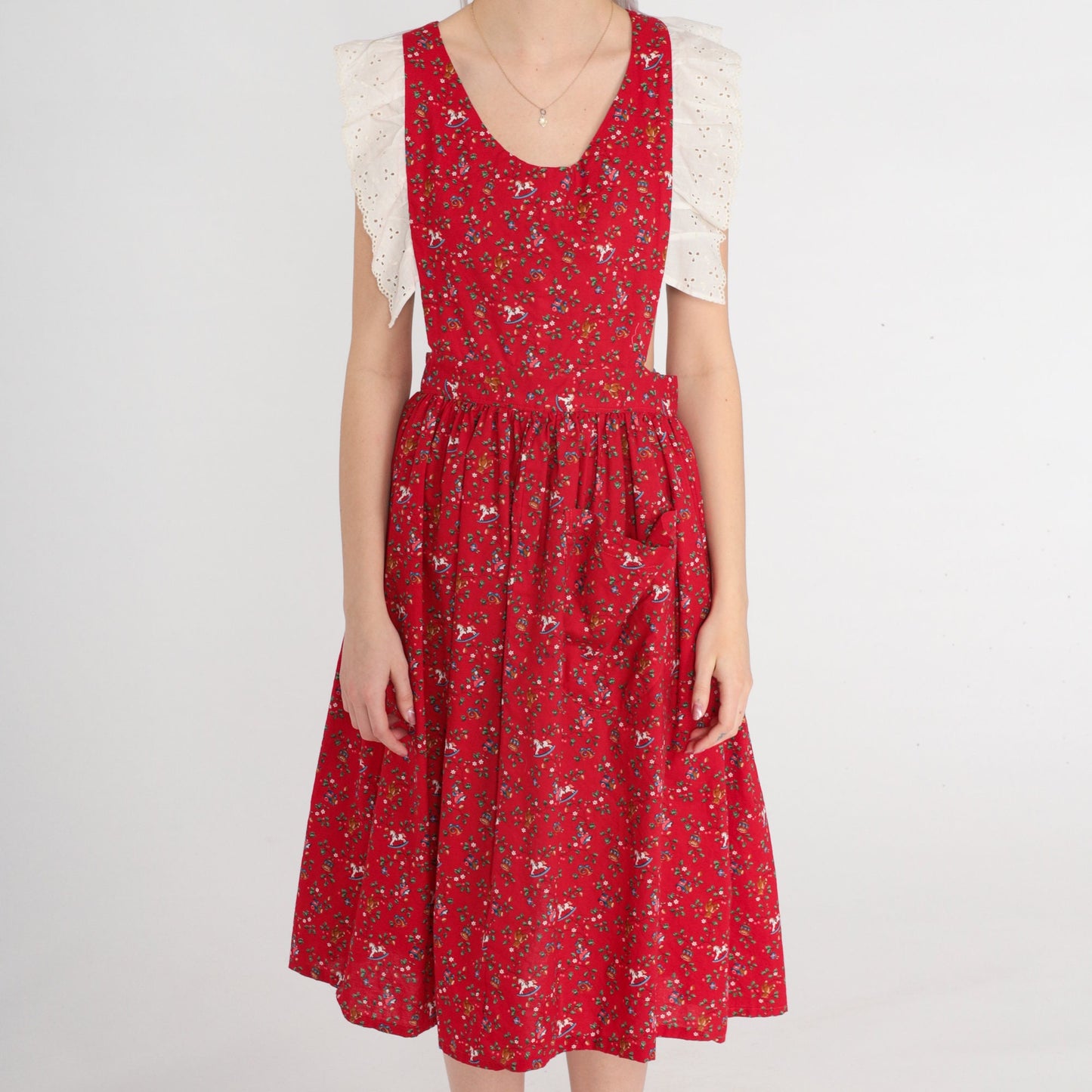 80s Red Eyelet Apron Dress Christmas Print Teddy Bears Trains Medium M