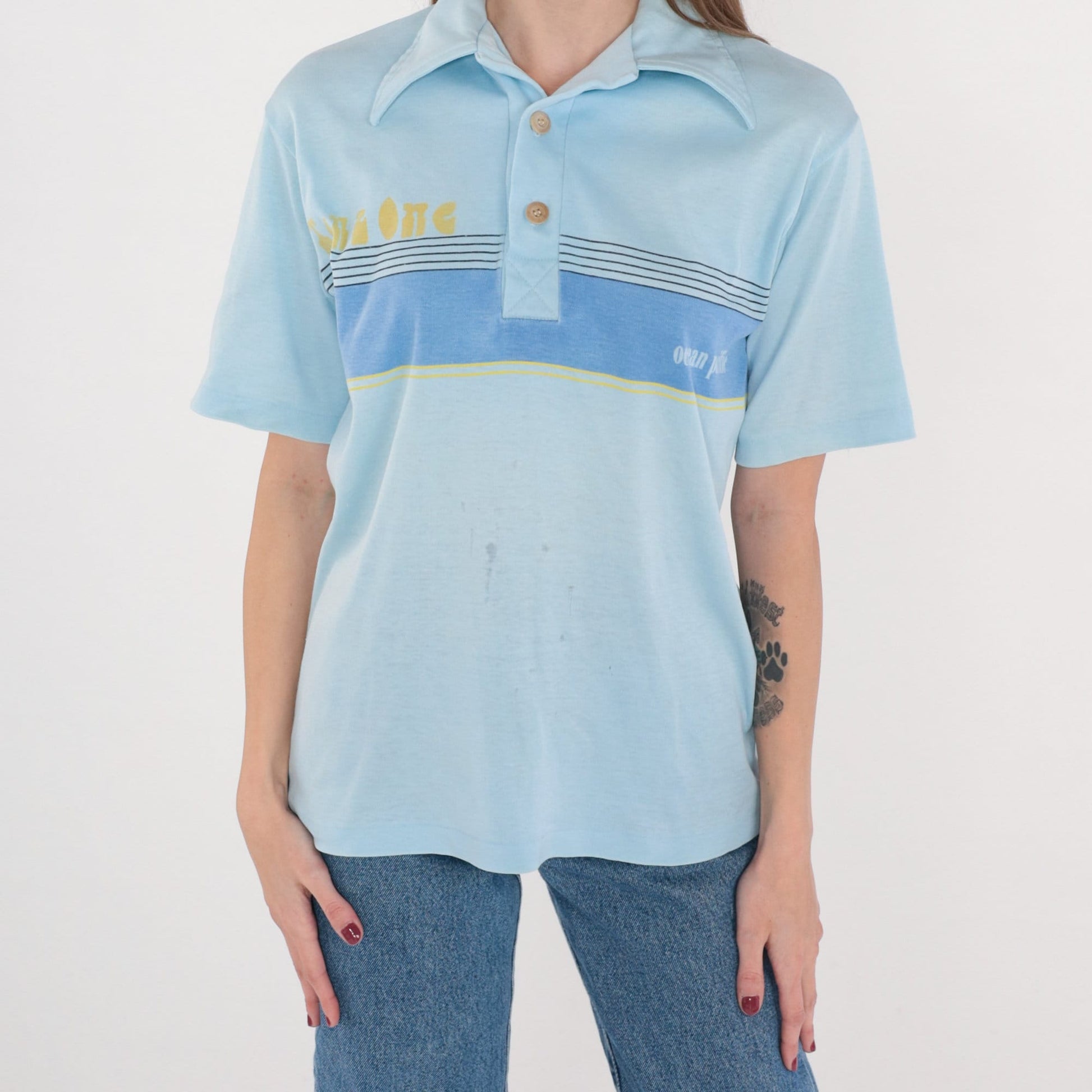 70s Ocean Pacific Tenz One Striped Polo Shirt Blue Small
