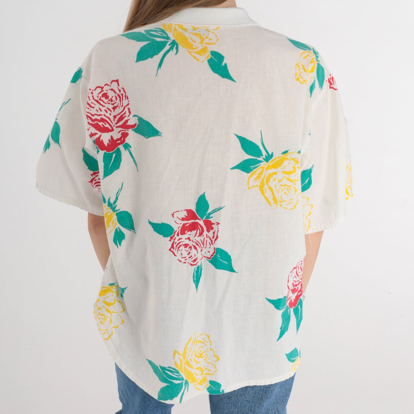90s Rose Floral White Button-Up Blouse Short Sleeve Collared Top Medium M