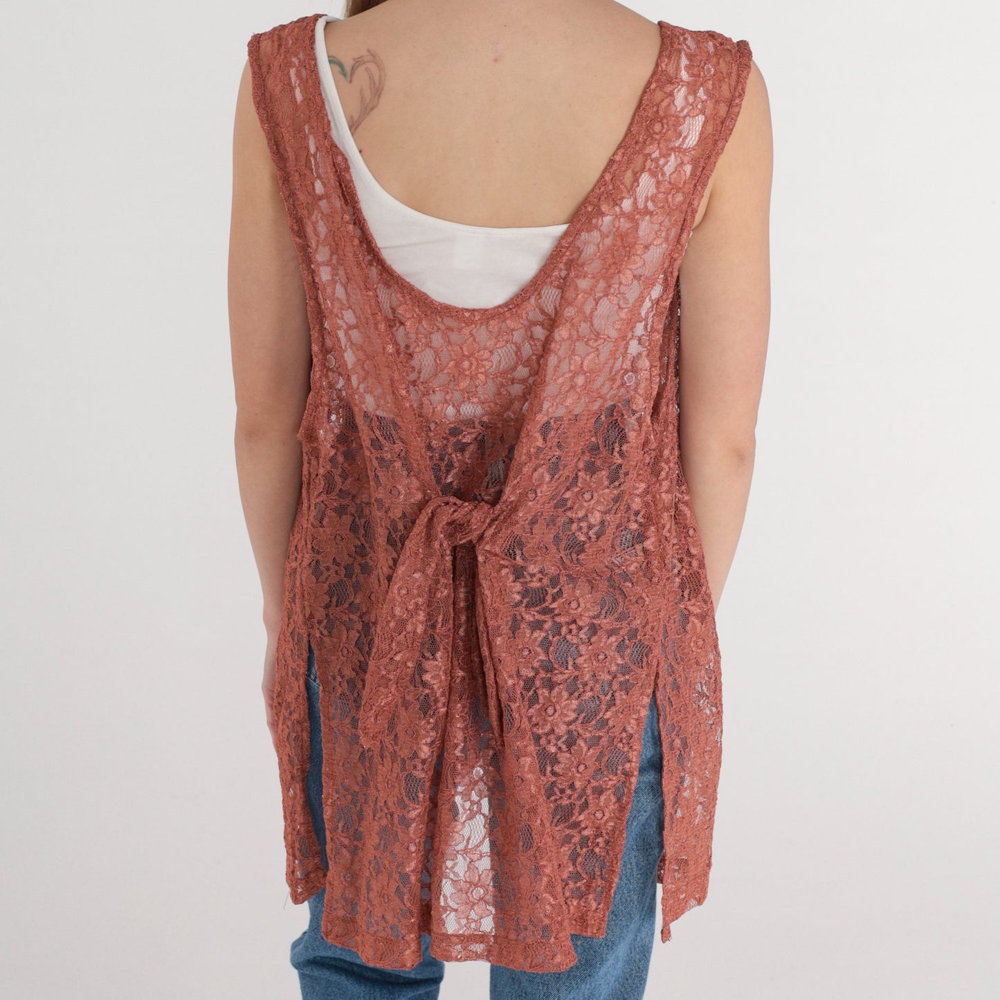90s Floral Lace Vest Terracotta Sheer Open Front Longline Large L