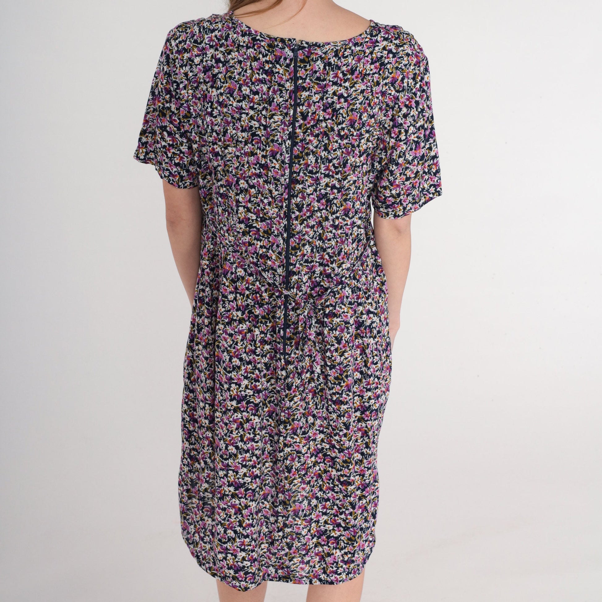 90s Navy Floral Mini Dress Purple Print High Waist Tie Back Medium Large