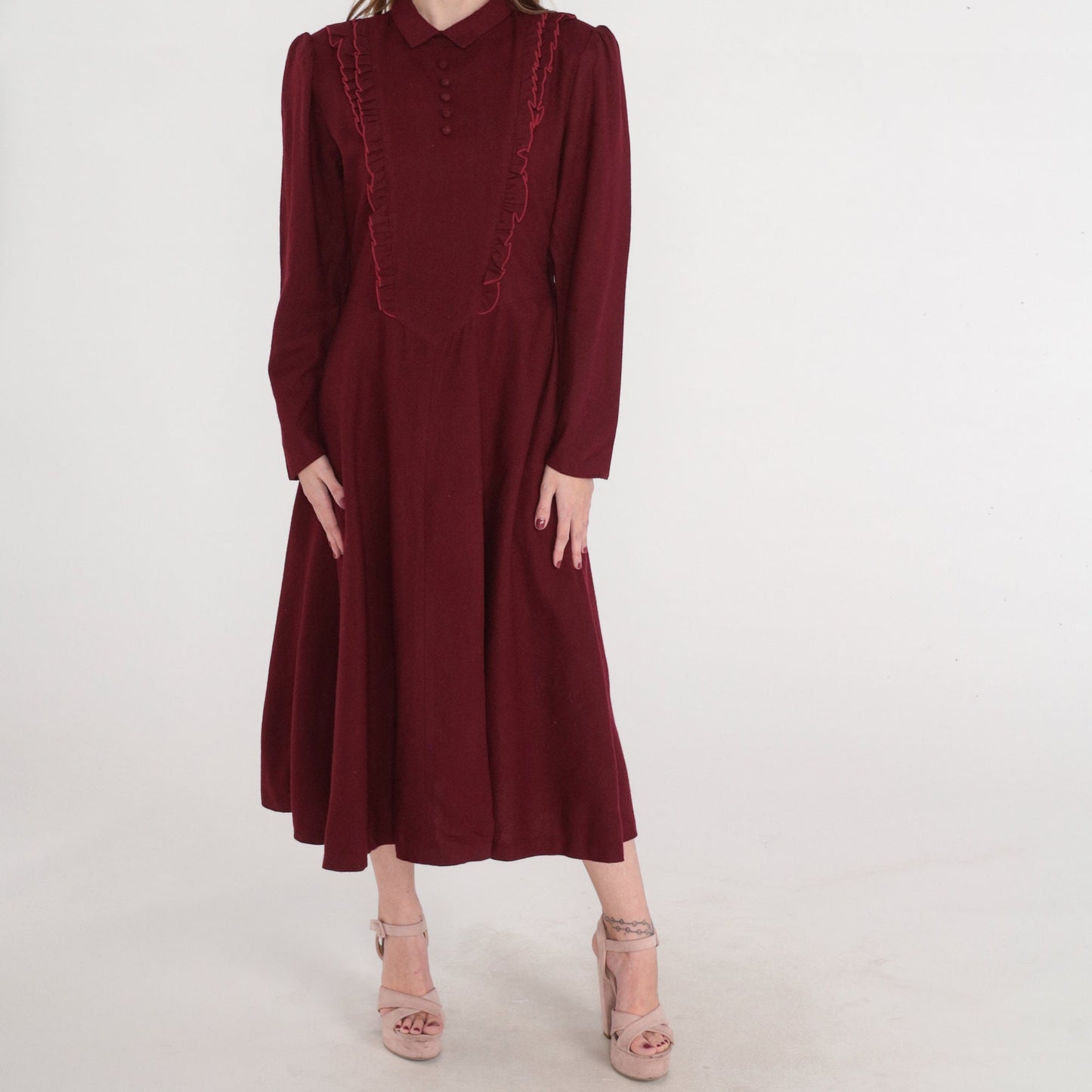 80s Dark Red Wool Midi Dress Puff Sleeve Basque Waist Collared Medium M