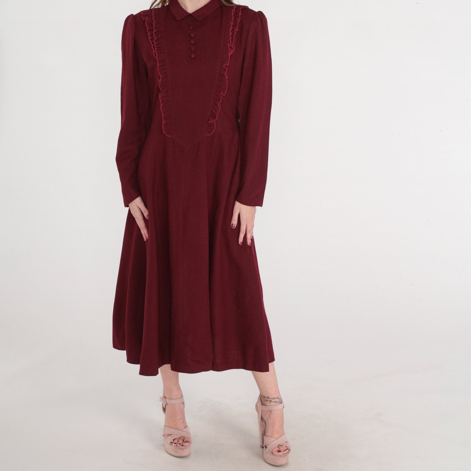80s Dark Red Wool Midi Dress Puff Sleeve Basque Waist Collared Medium M