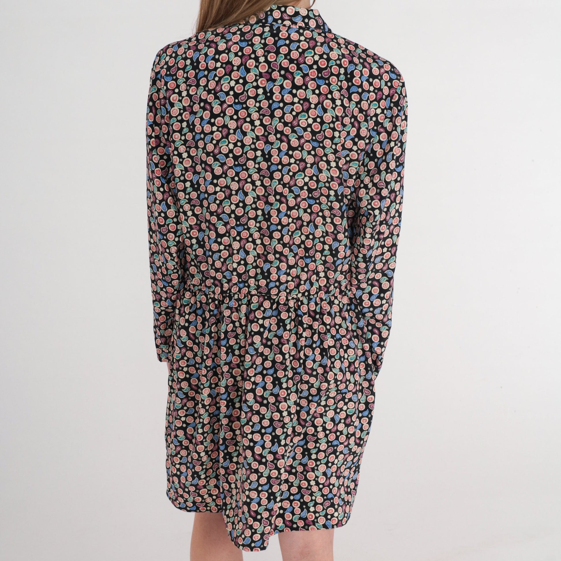 90s Leslie Fay Faux Wrap Mini Dress Paisley Floral V Neck Long Sleeve Black Medium