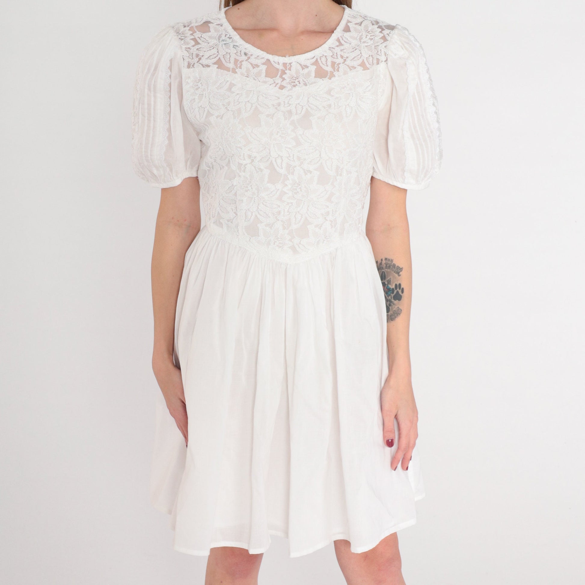 Y2K White Lace Mini Dress Puff Sleeve High Waist Bow Back Small