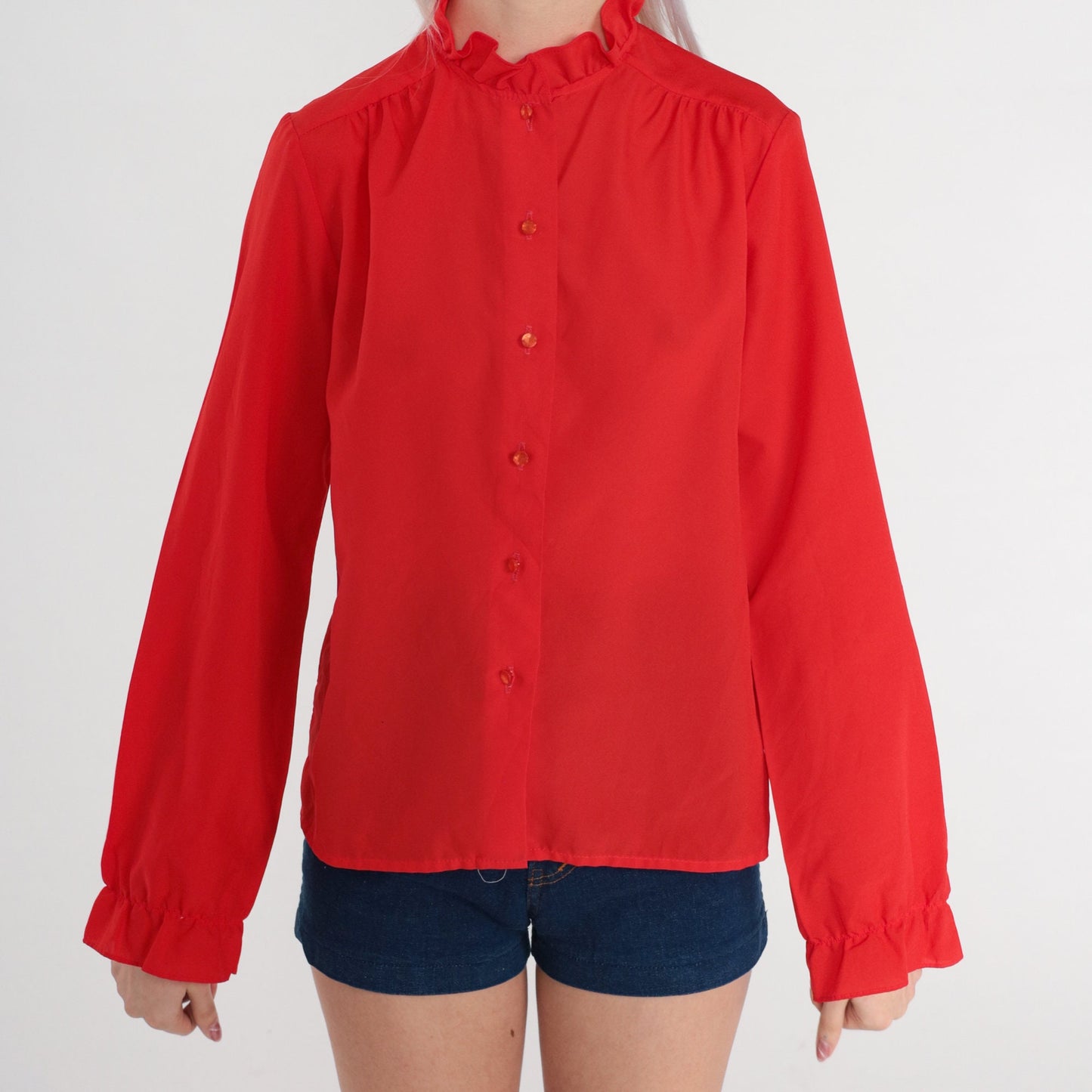 80s Red Ruffle Blouse High Neck Button-Up Sheer Long Sleeve Small
