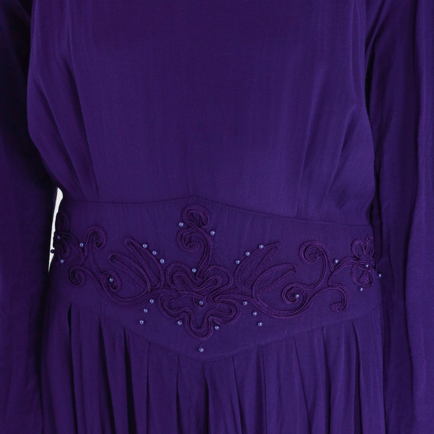 80s Karin Stevens Royal Purple Beaded Midi Dress Puff Sleeve Medium