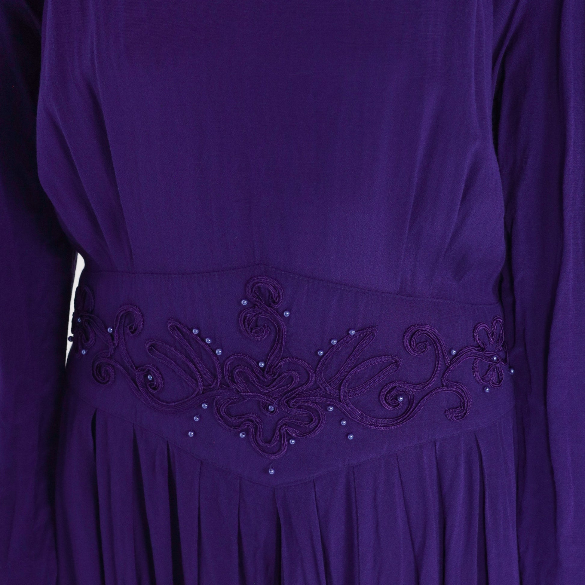 80s Karin Stevens Royal Purple Beaded Midi Dress Puff Sleeve Medium