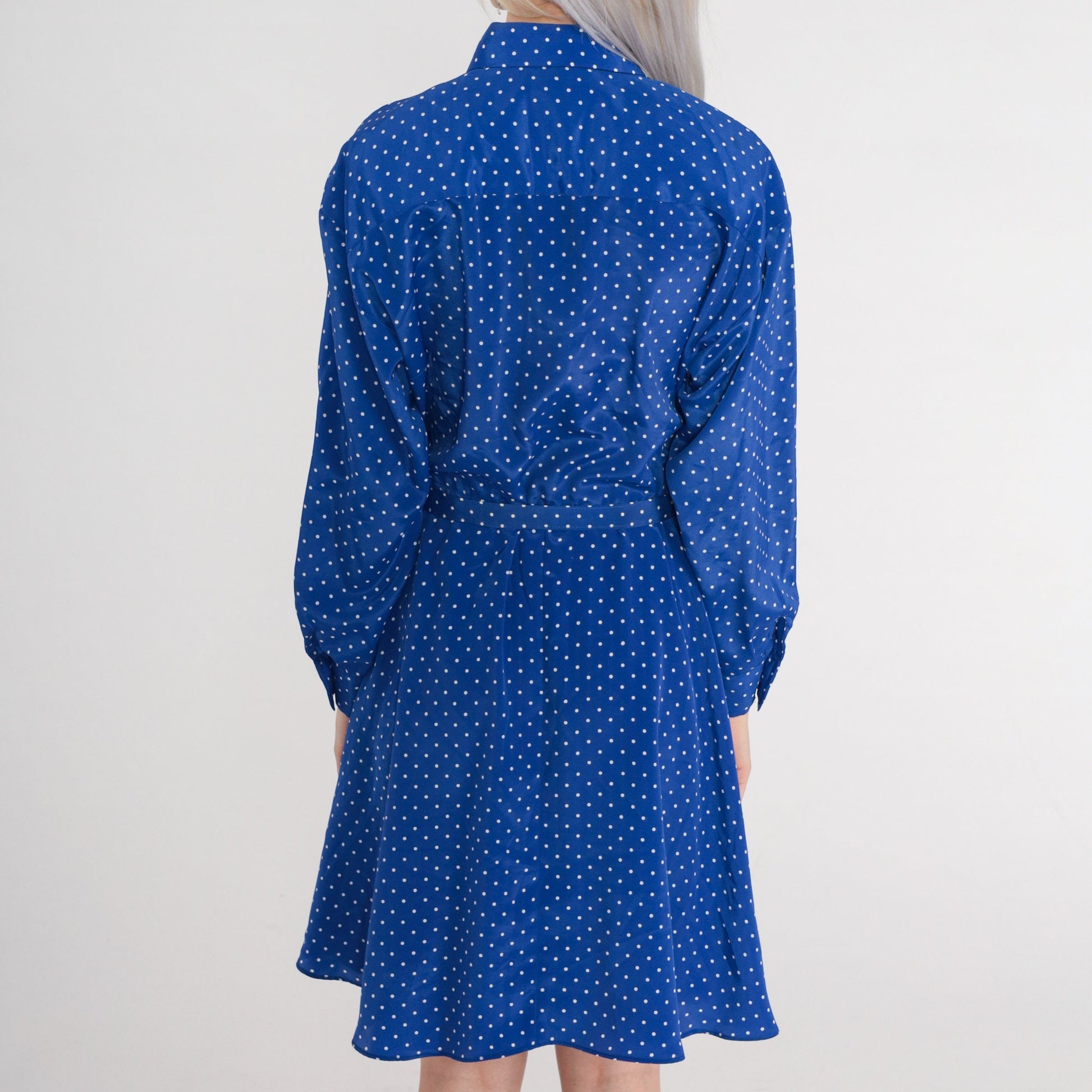 1970s Blue Polka Dot Mini Dress Button-Up High Waist Belt Long Sleeve Medium