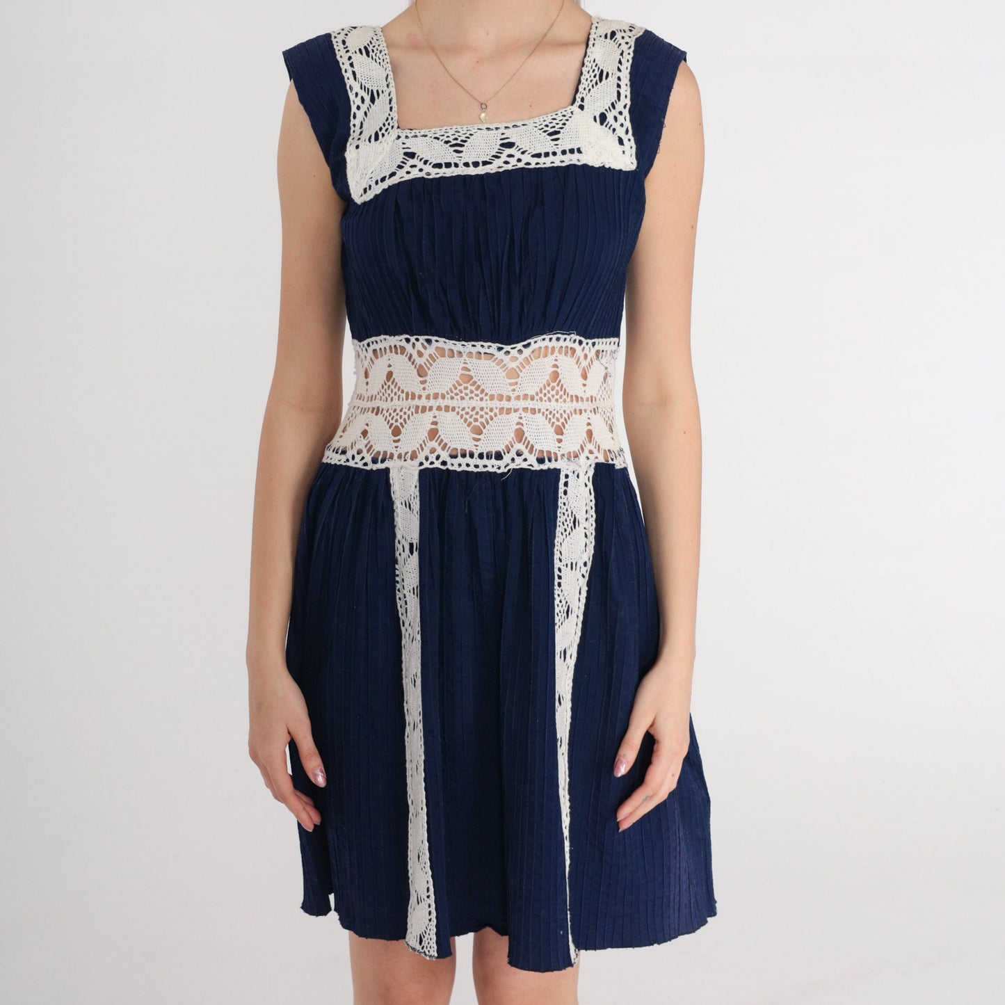 70s Navy Crochet Mini Dress White Open Weave Sleeveless High Waist Small S