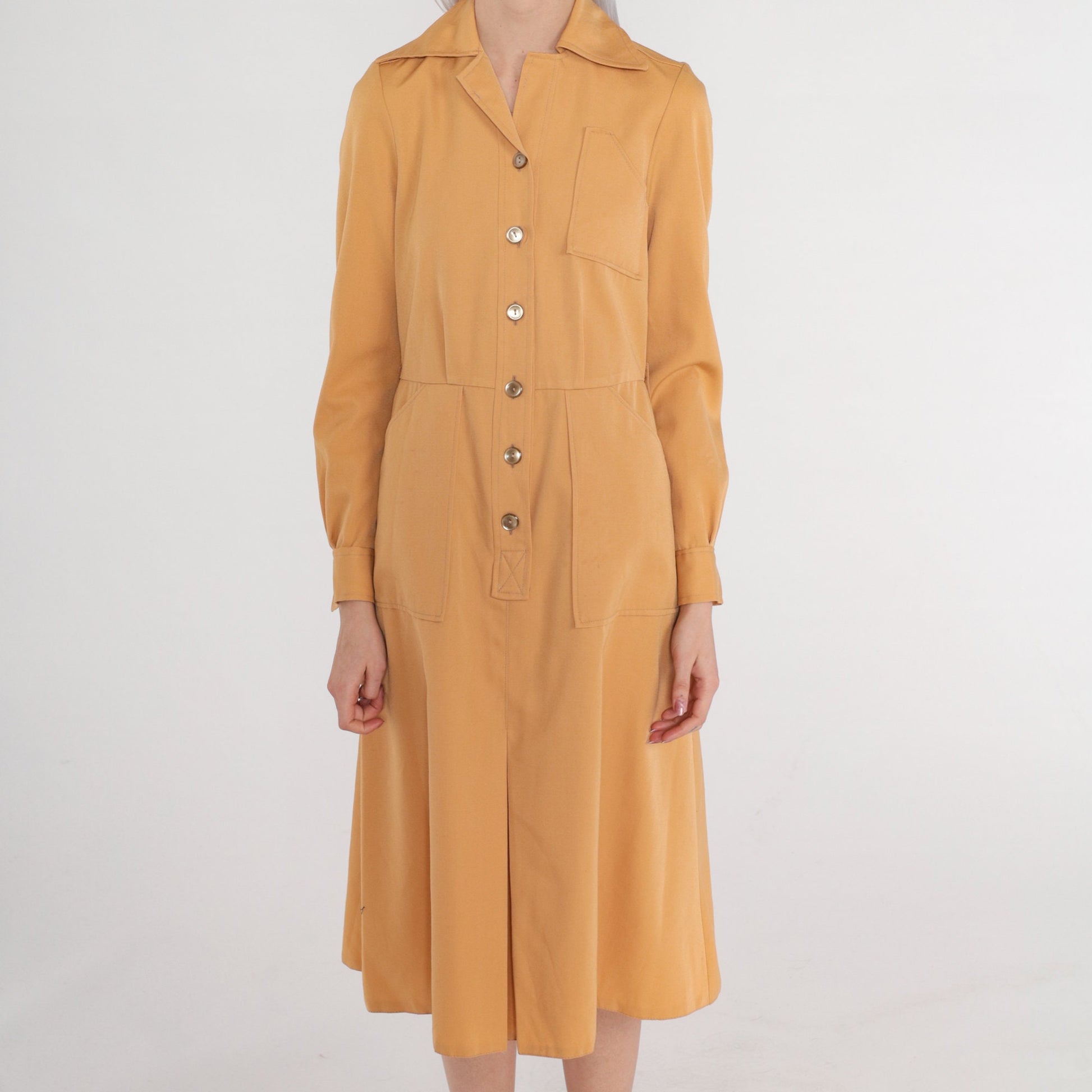 70s Camel Midi Shirtdress High Waisted Button Up Collared Long Sleeve Extra Small
