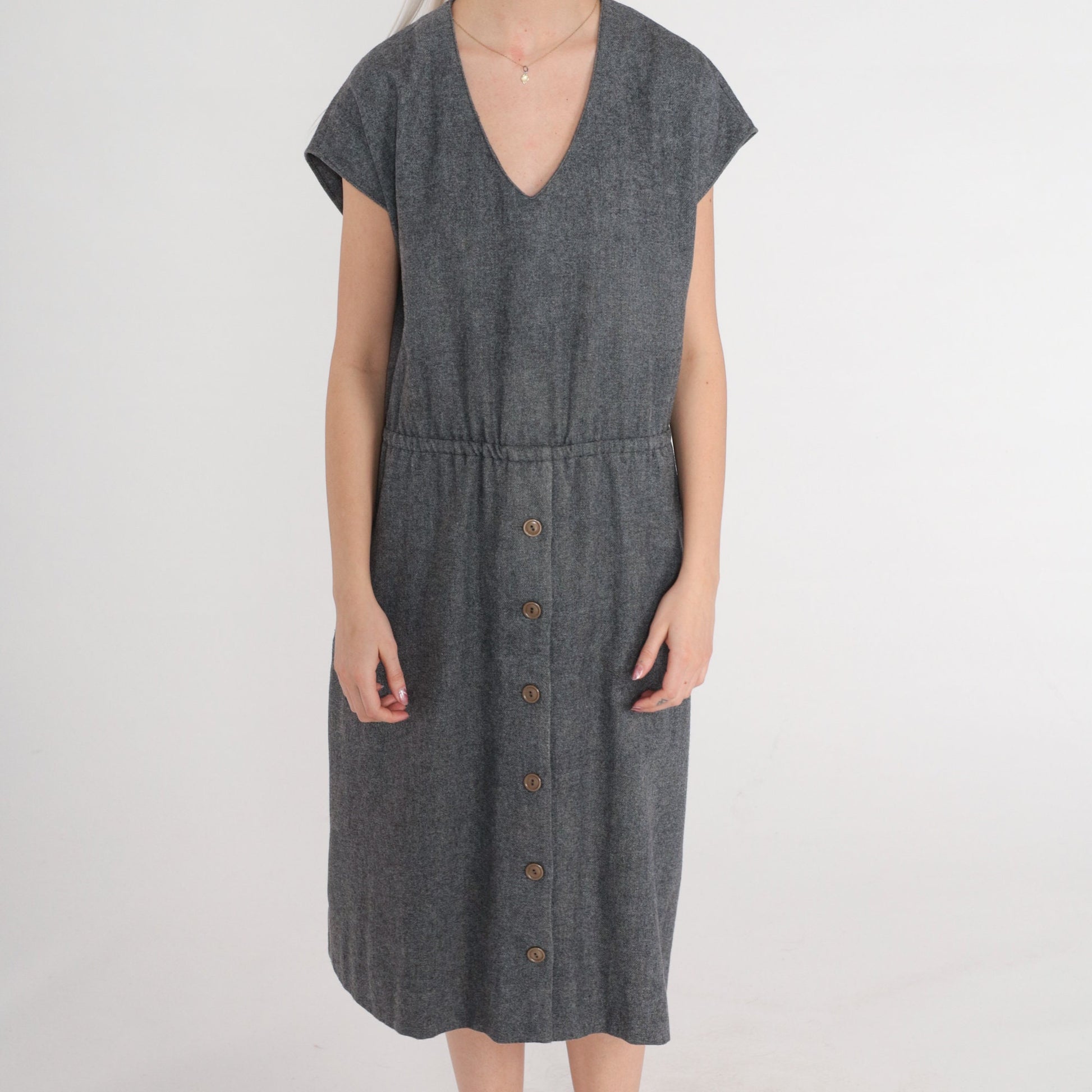 60s David Warren Wool Midi Dress Grey High Waisted V Neck Medium Large