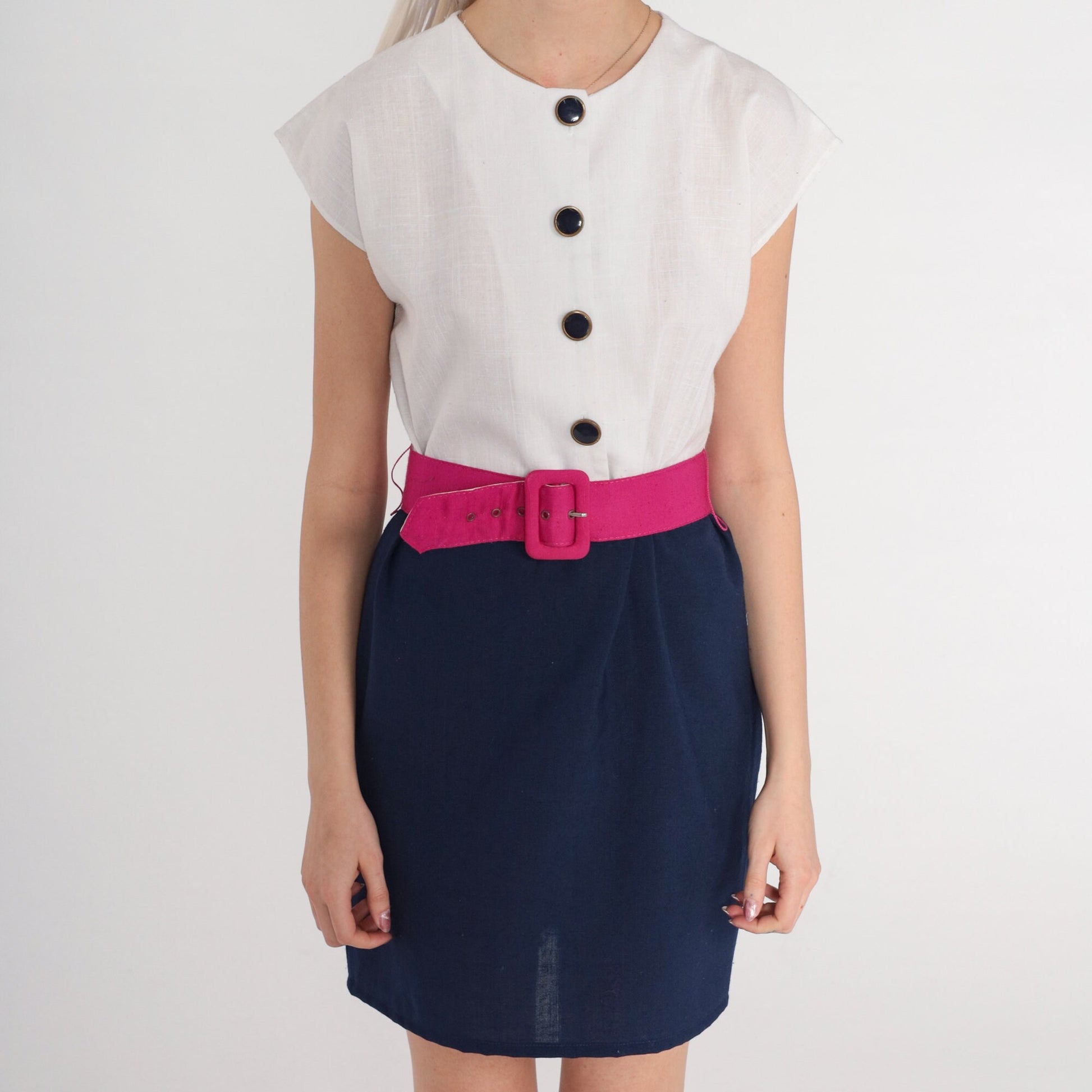 80s Color Block Mini Dress Button-Up White Navy Pink Belt Cap Sleeve Small