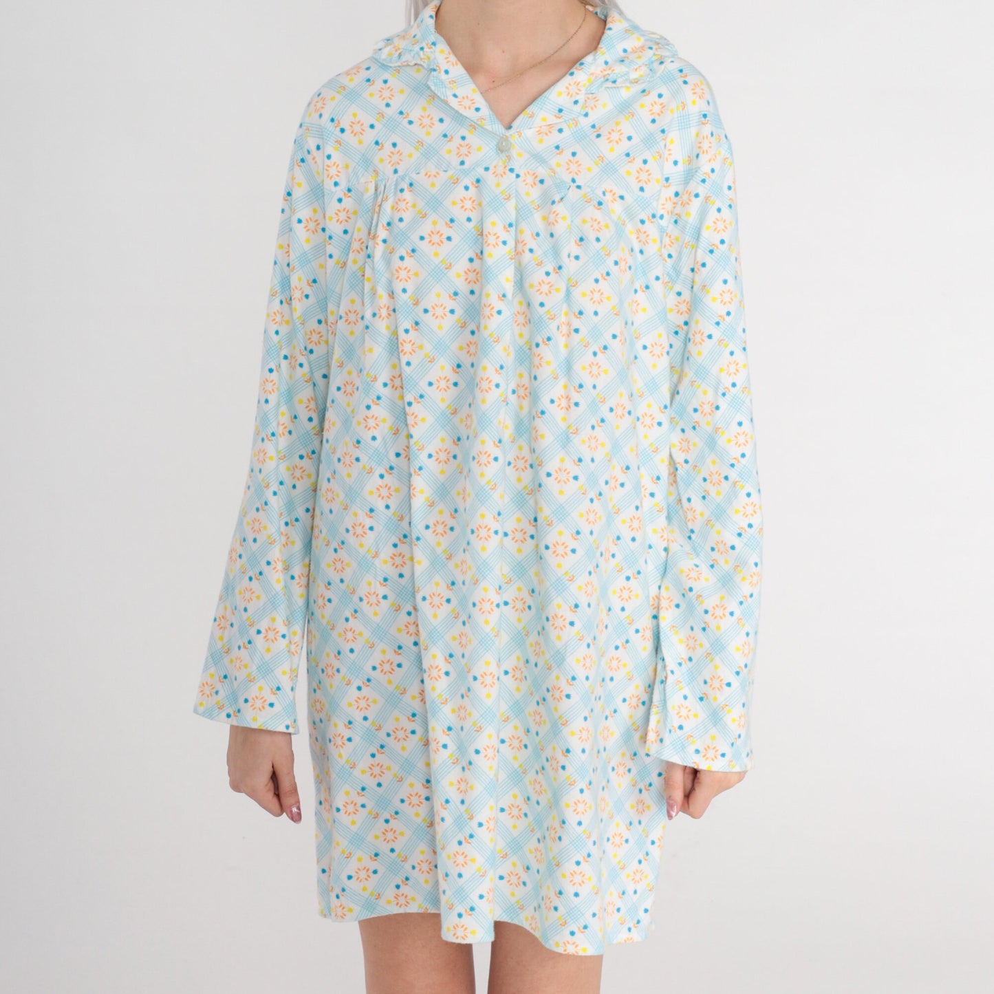 70s Checkered Floral Pajama Dress Cotton Fleece Nightgown Mini White Blue Medium