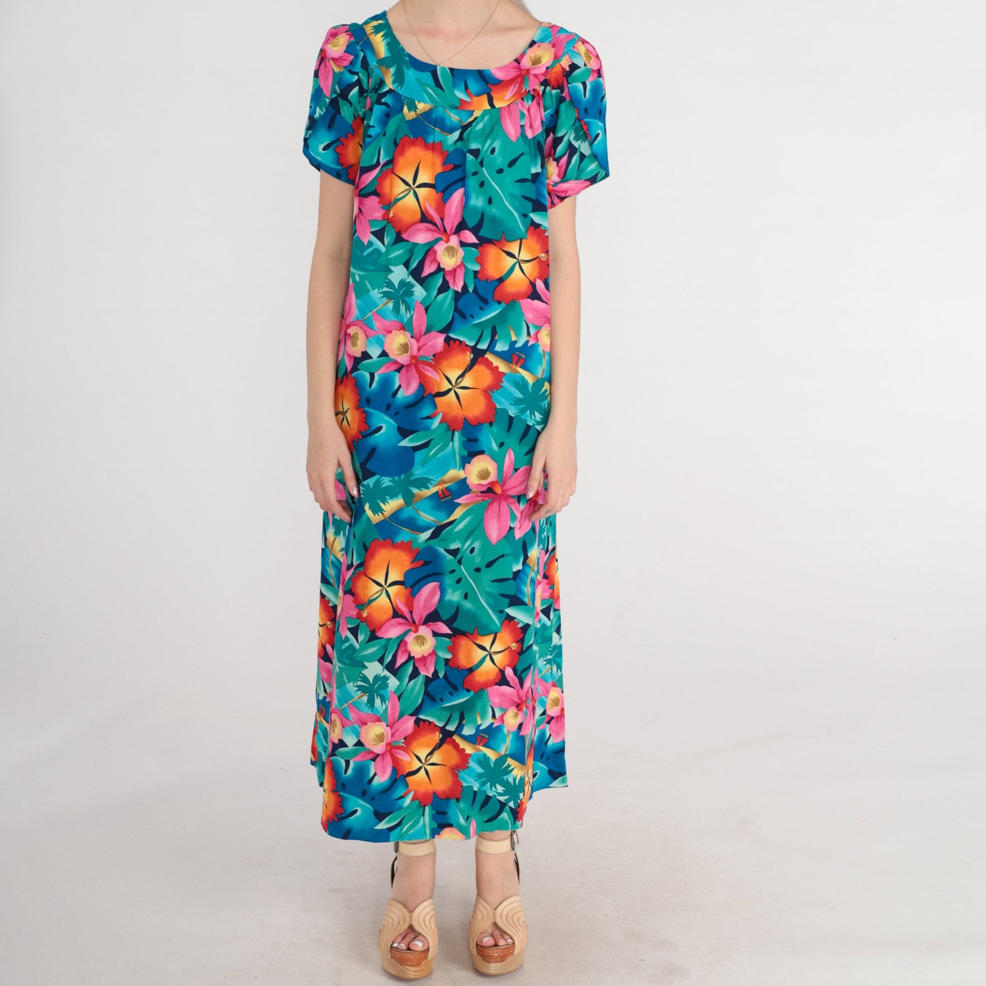 1970s Tropical Floral Maxi Dress Puff Sleeve Tent Cut Green Blue Orange Pink Medium