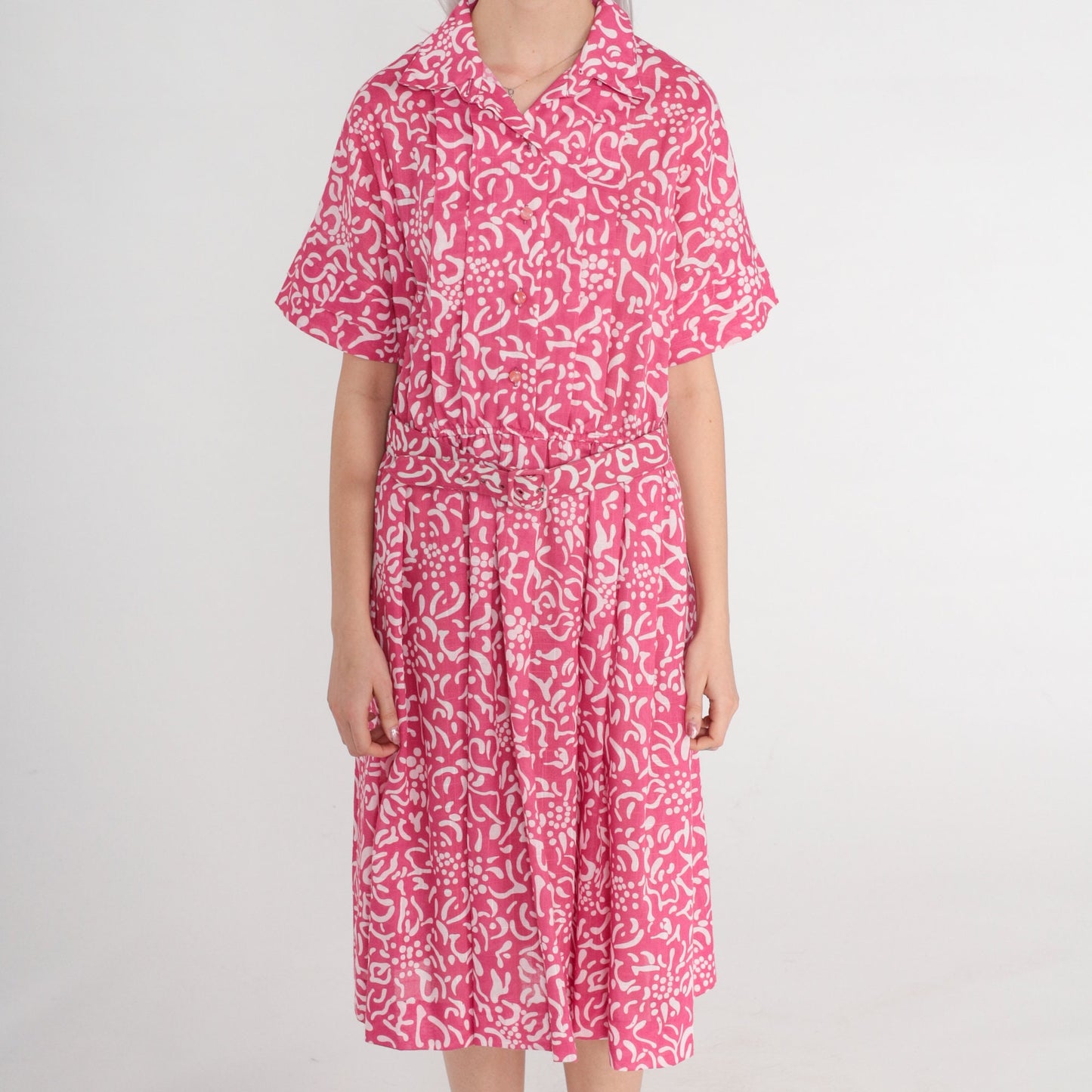 80s Leslie Fay Pink Floral Midi Shirtwaist Dress High Waisted Belted Medium