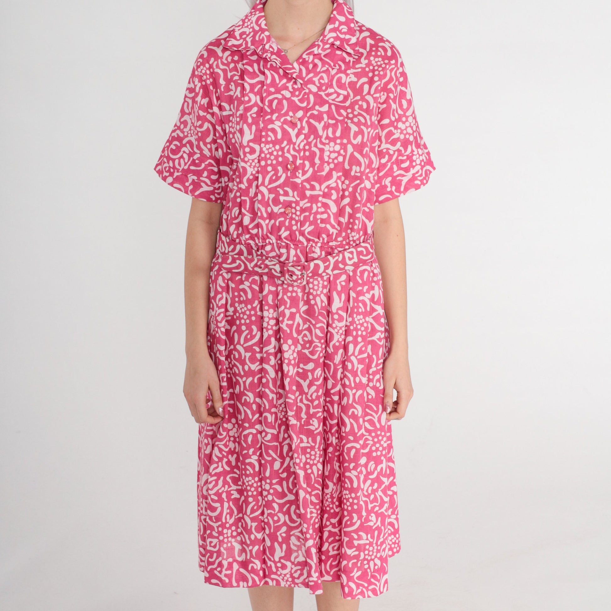 80s Leslie Fay Pink Floral Midi Shirtwaist Dress High Waisted Belted Medium