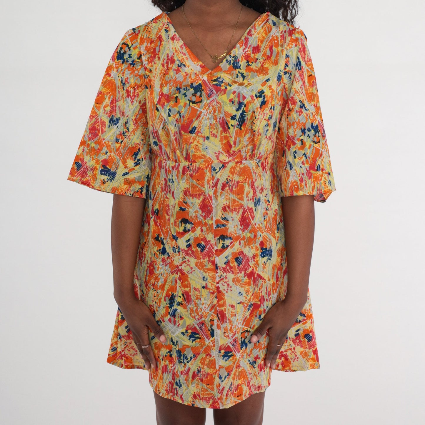 70s Psychedelic Mini Dress Empire Waist Bell Sleeve V Neck Medium Large