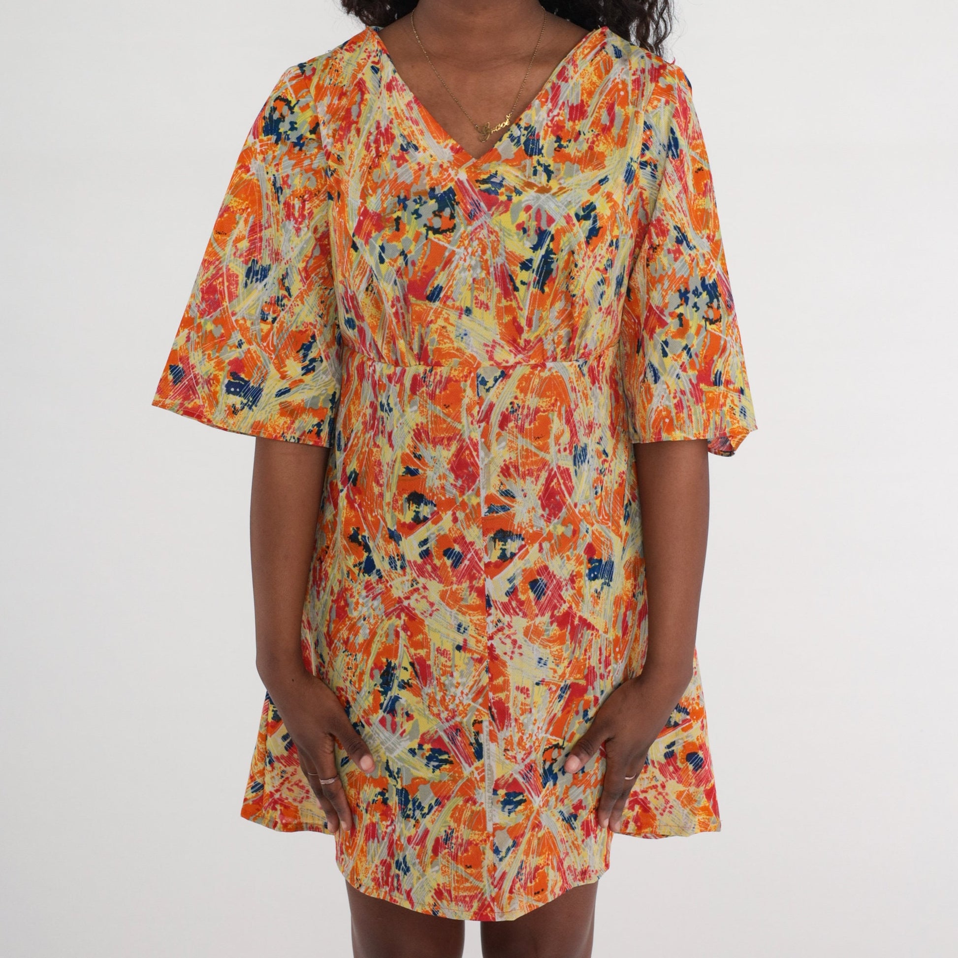 70s Psychedelic Mini Dress Empire Waist Bell Sleeve V Neck Medium Large