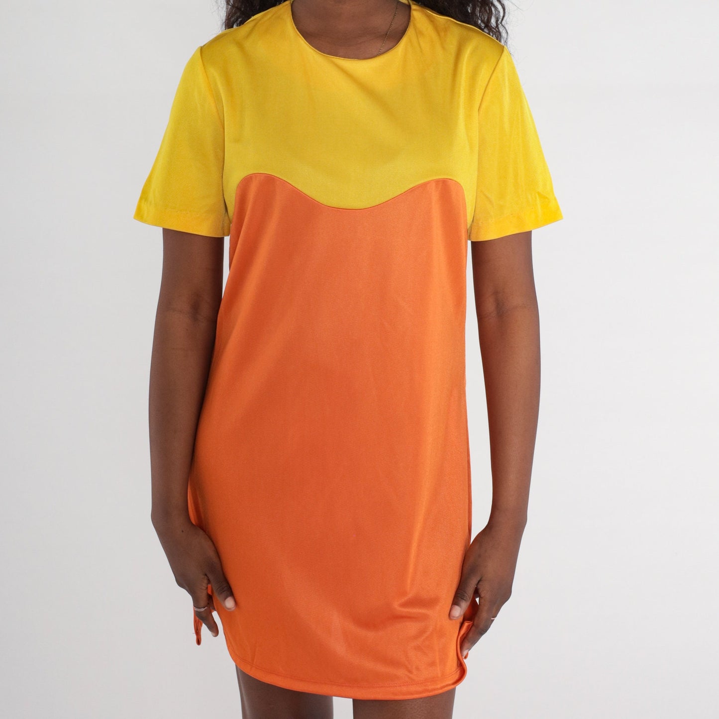 1960s Mod Mini Shift Dress Orange Yellow Colour Block Sleeveless Medium