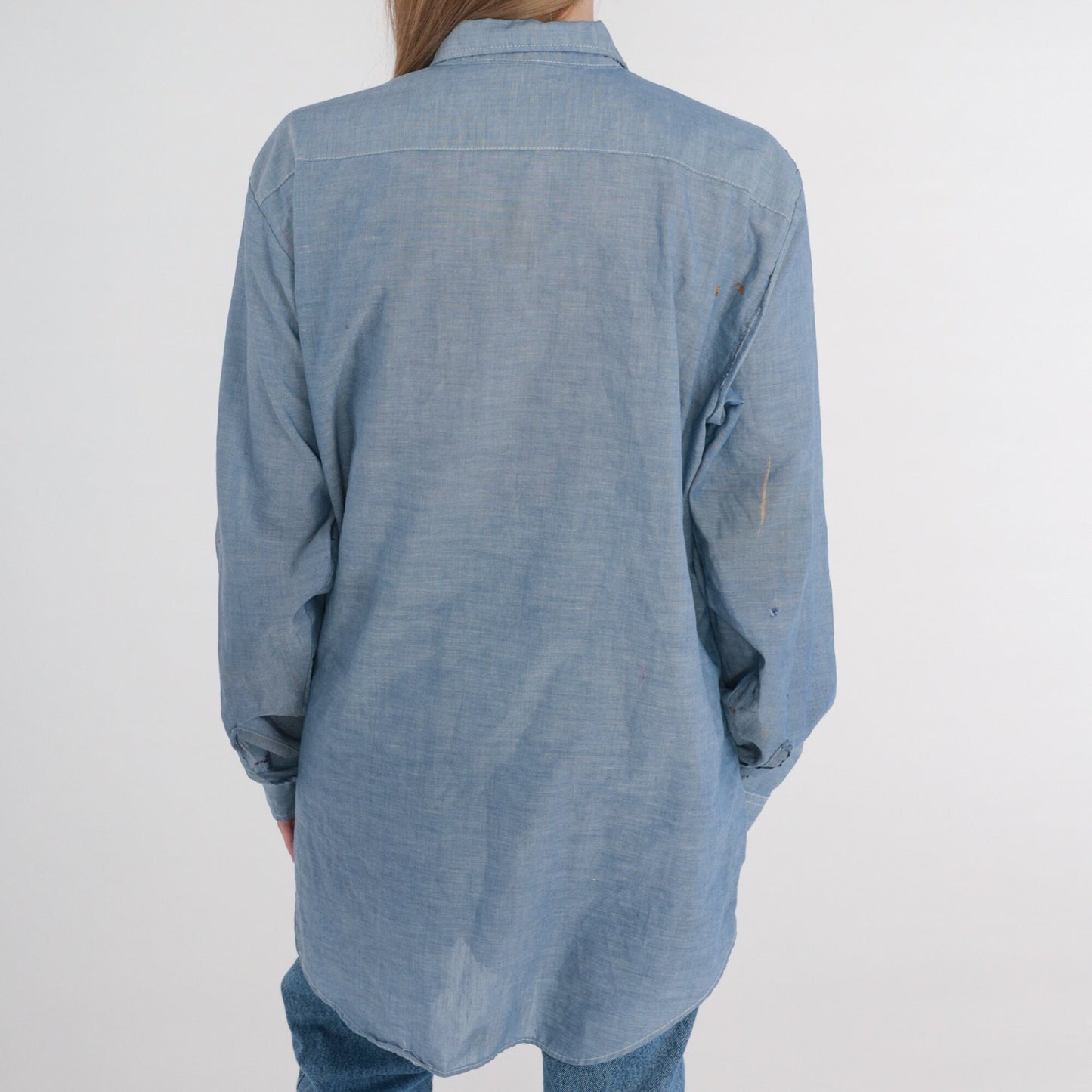 80s Key Imperial Chambray Button-Up Shirt Blue Paint Splatter Distressed XL