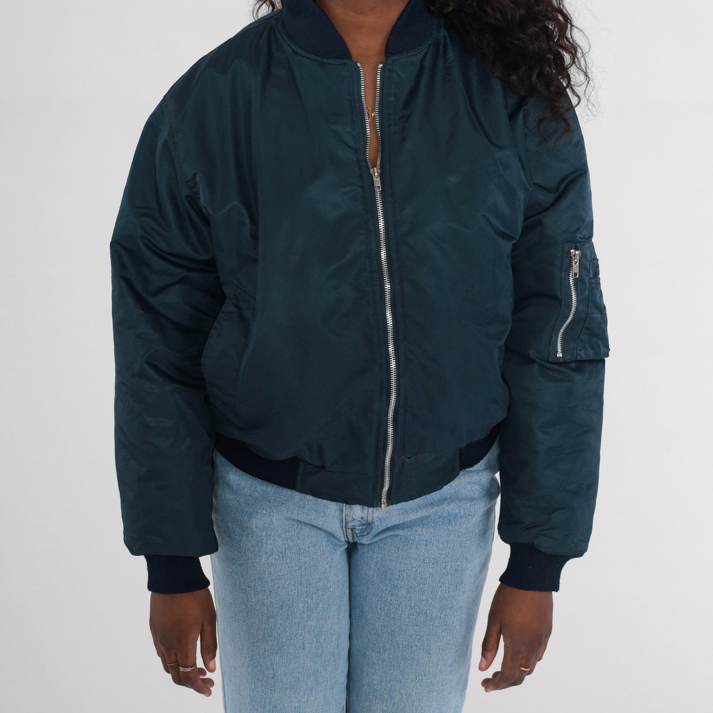 80s Navy Bomber Jacket Nylon Zip Windbreaker Knit Trim Men's Medium