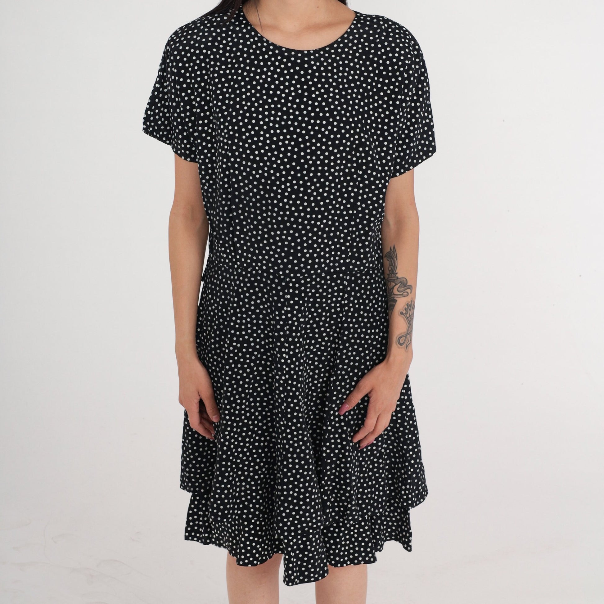 90s Black White Polka Dot Mini Dress High Waisted Skater Short Sleeve Medium