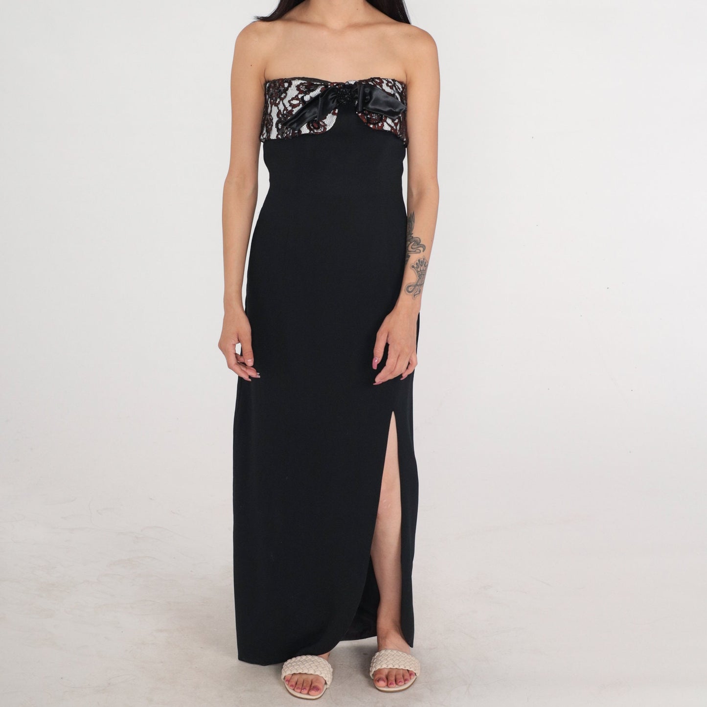 Y2K Black Strapless Maxi Dress Lace Bow Side Slit Formal Gown Small S