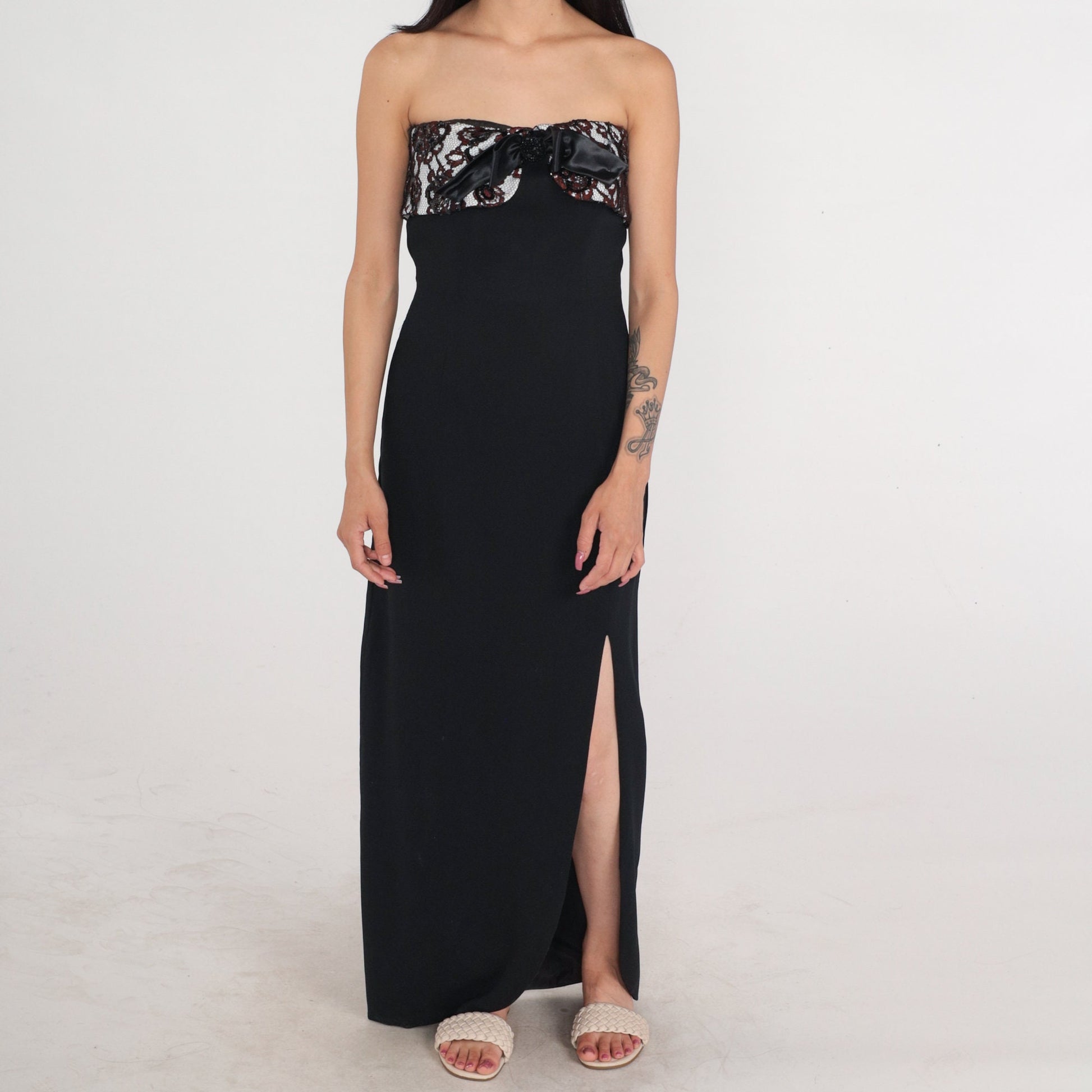 Y2K Black Strapless Maxi Dress Lace Bow Side Slit Formal Gown Small S