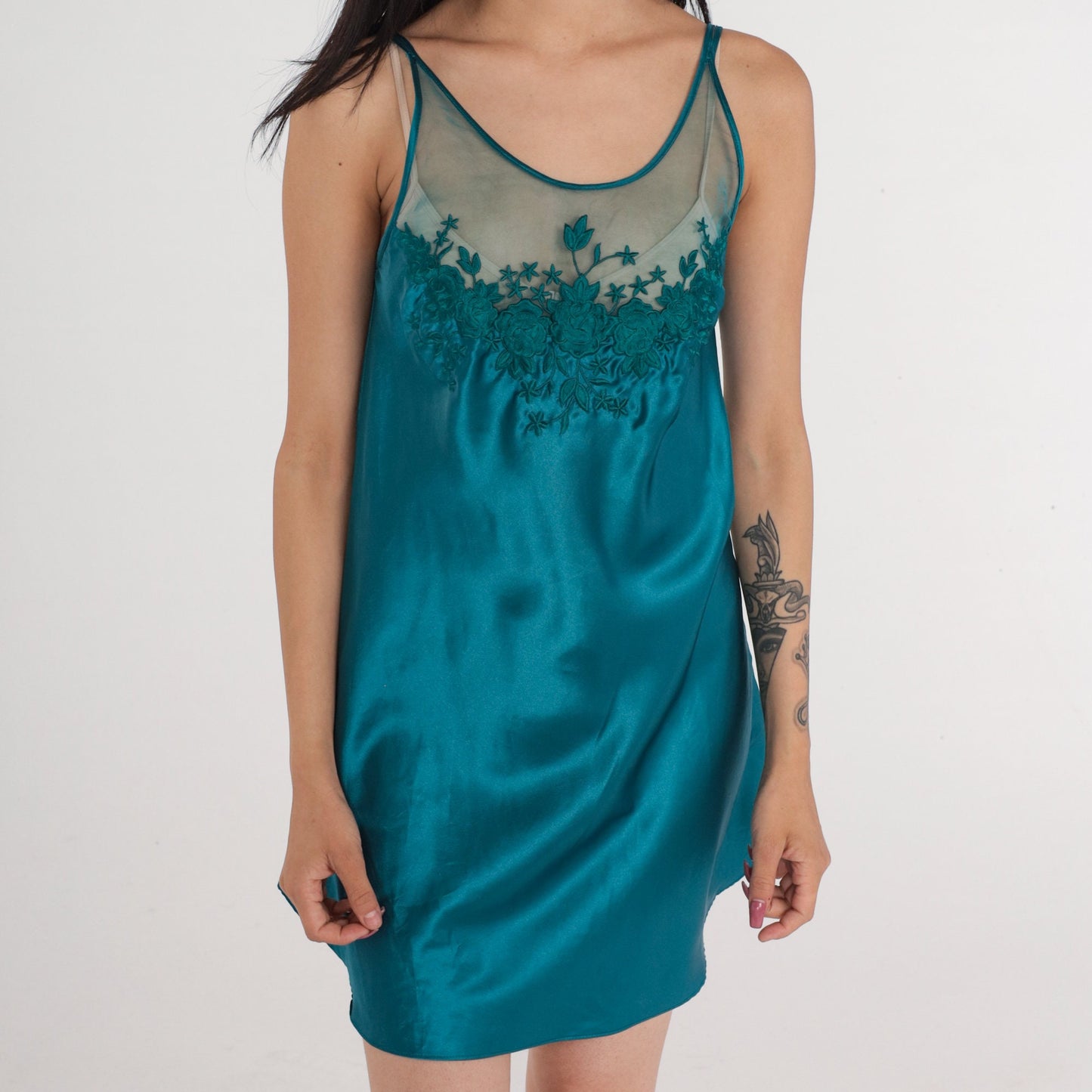 90s Teal Slip Dress Floral Mesh Lace Trim Spaghetti Strap Mini Nightgown XS