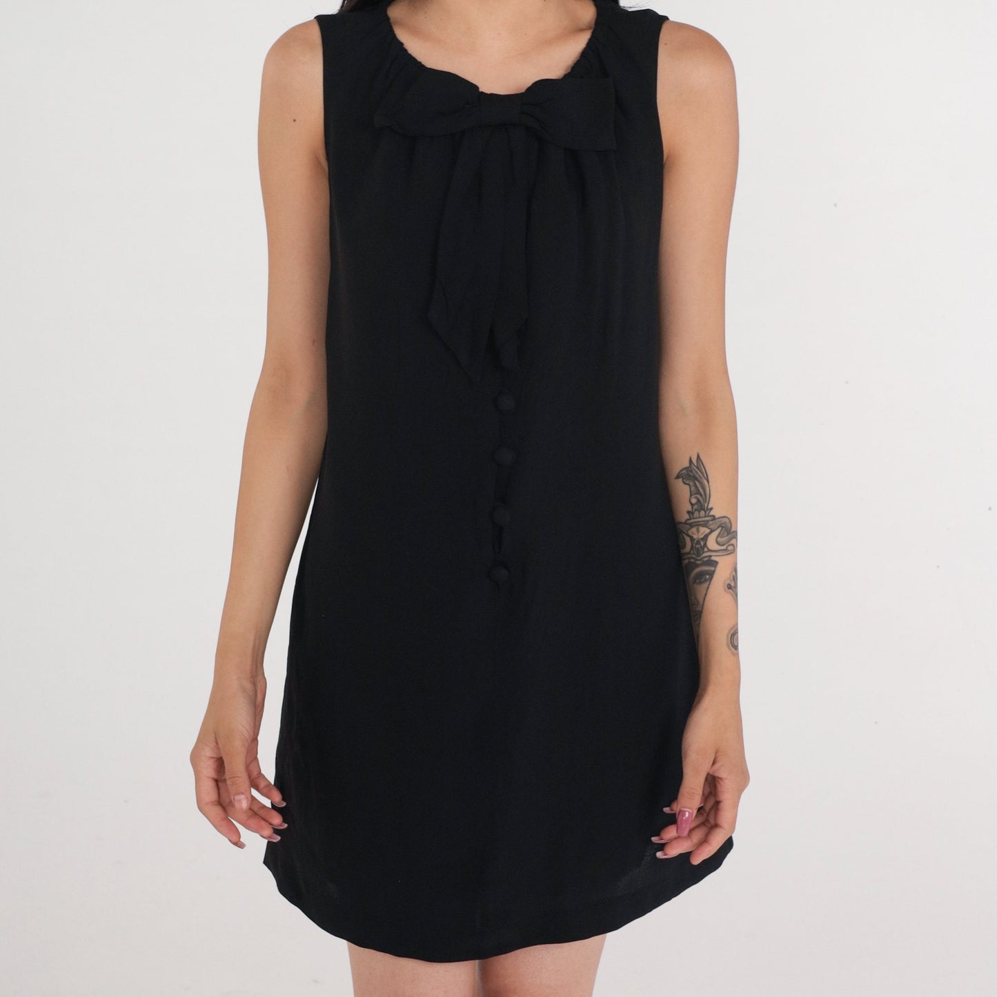 60s Black Shift Dress Bow Neckline Button Front Mini Medium M