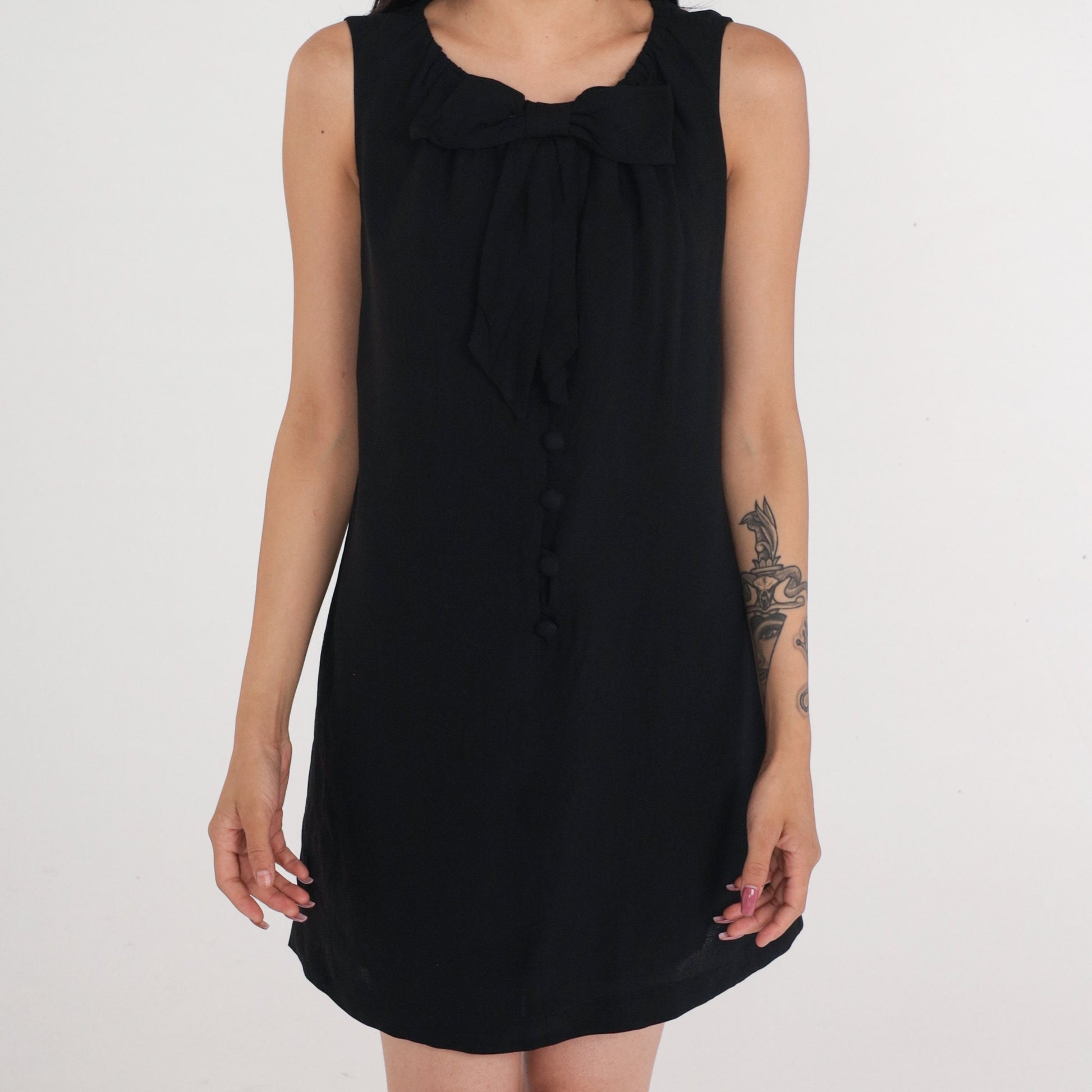 60s Black Shift Dress Bow Neckline Button Front Mini Medium M