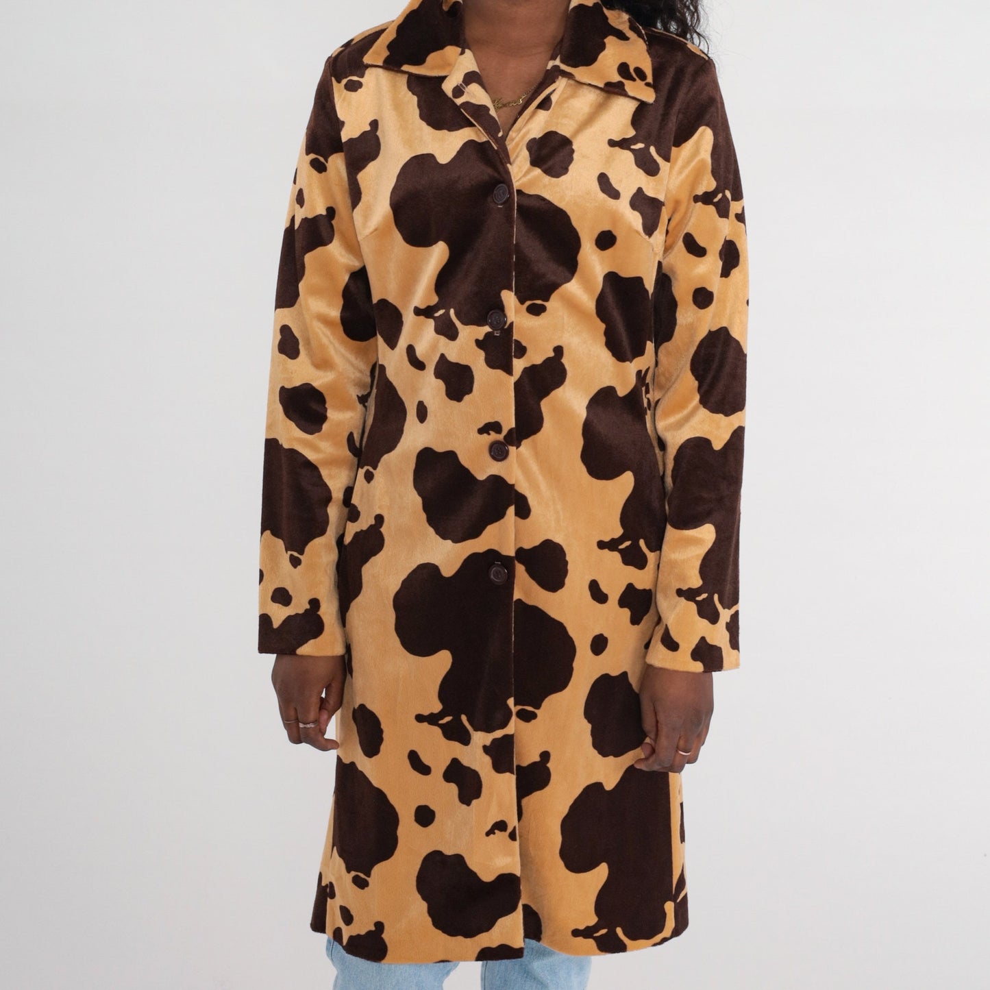 90s Cow Print Faux Fur Jacket Brown Button-Up Knee-Length Small