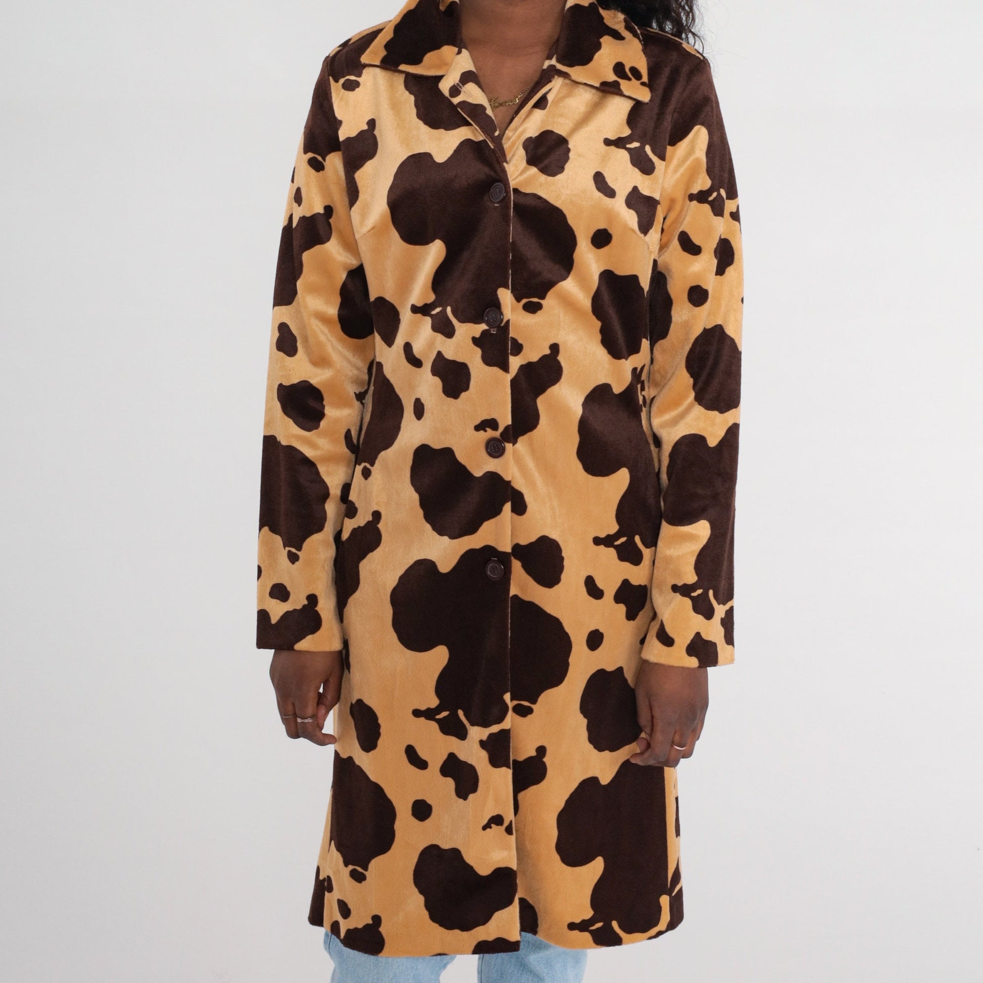 90s Cow Print Faux Fur Jacket Brown Button-Up Knee-Length Small