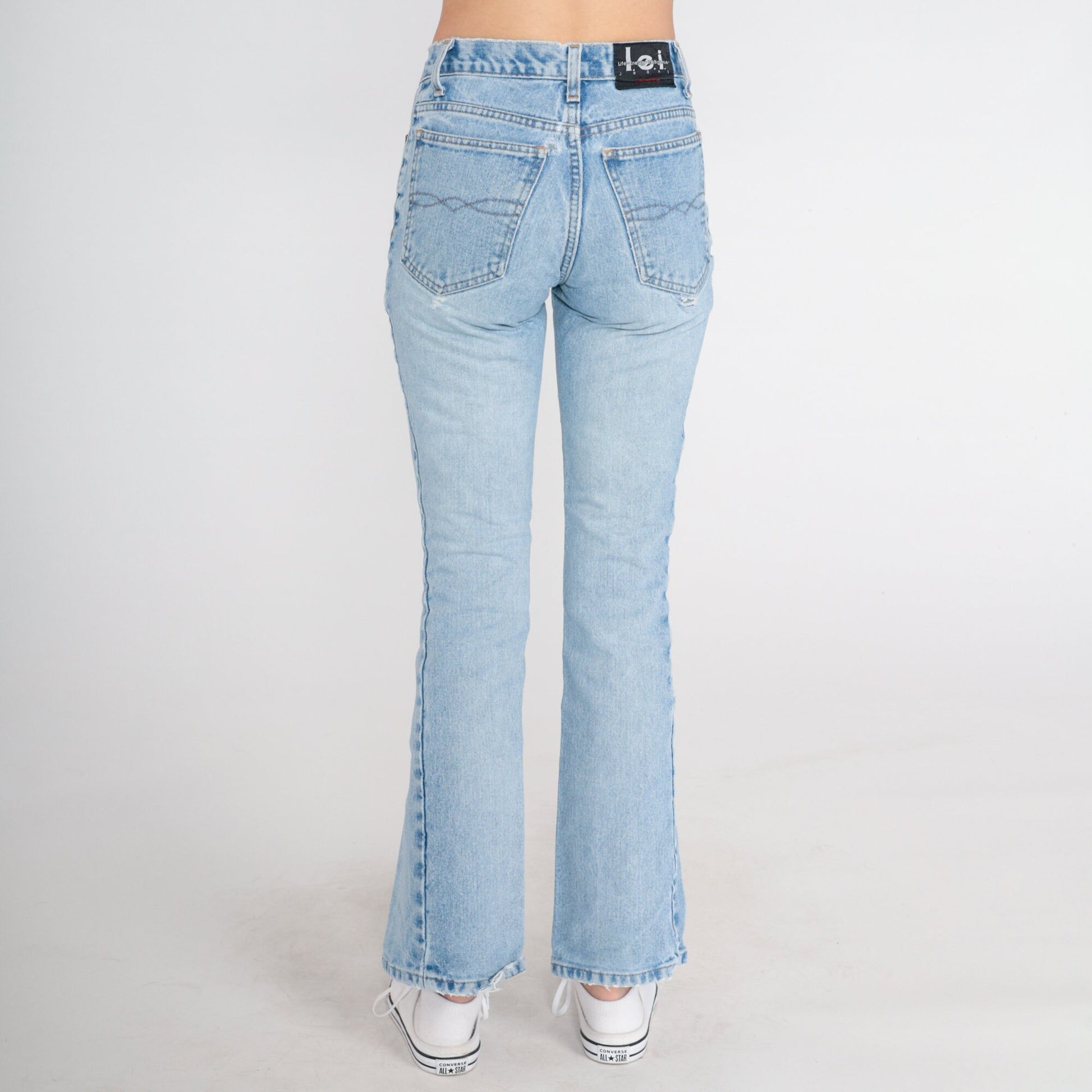00s Lei Flared Low Rise Jeans Faded Blue Denim Distressed Bootcut 2XS