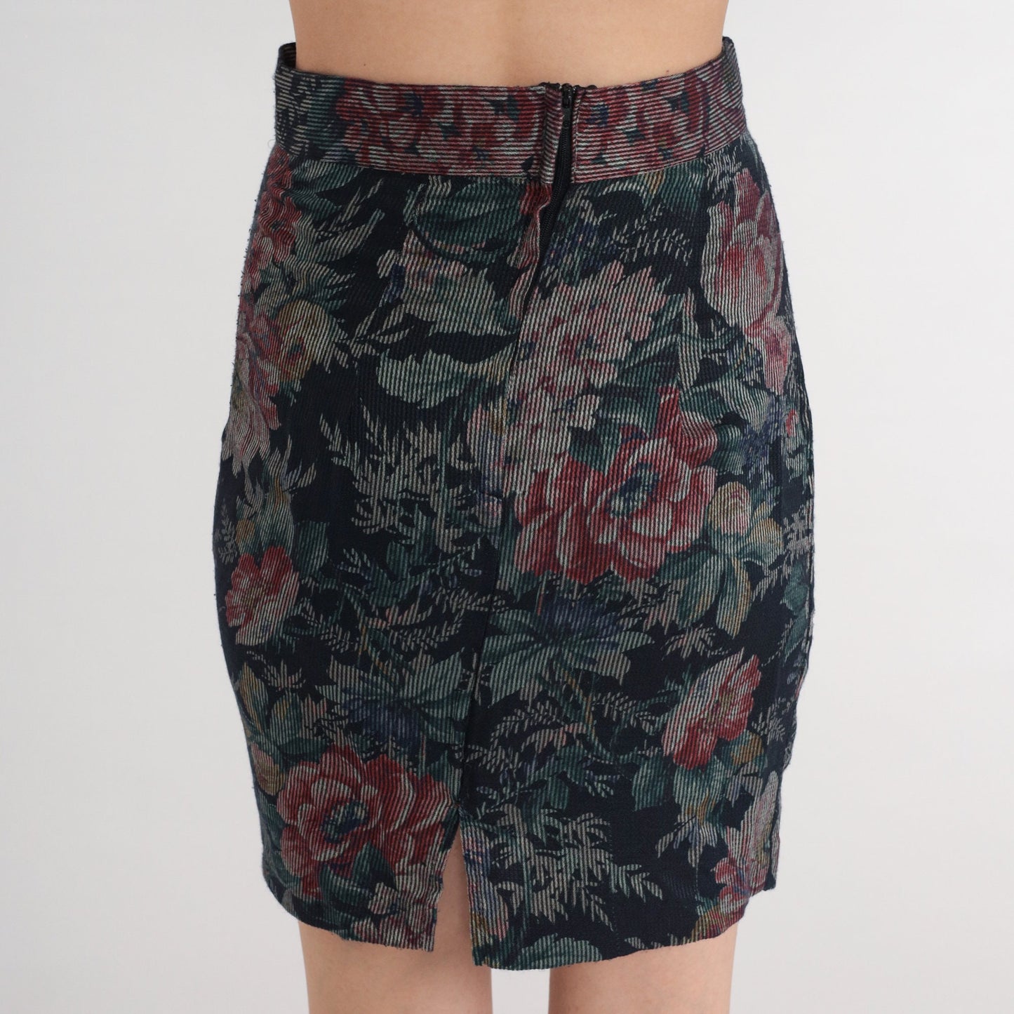 80s Byer of California Navy Floral Corduroy Mini Skirt High Waisted Pencil Extra Small