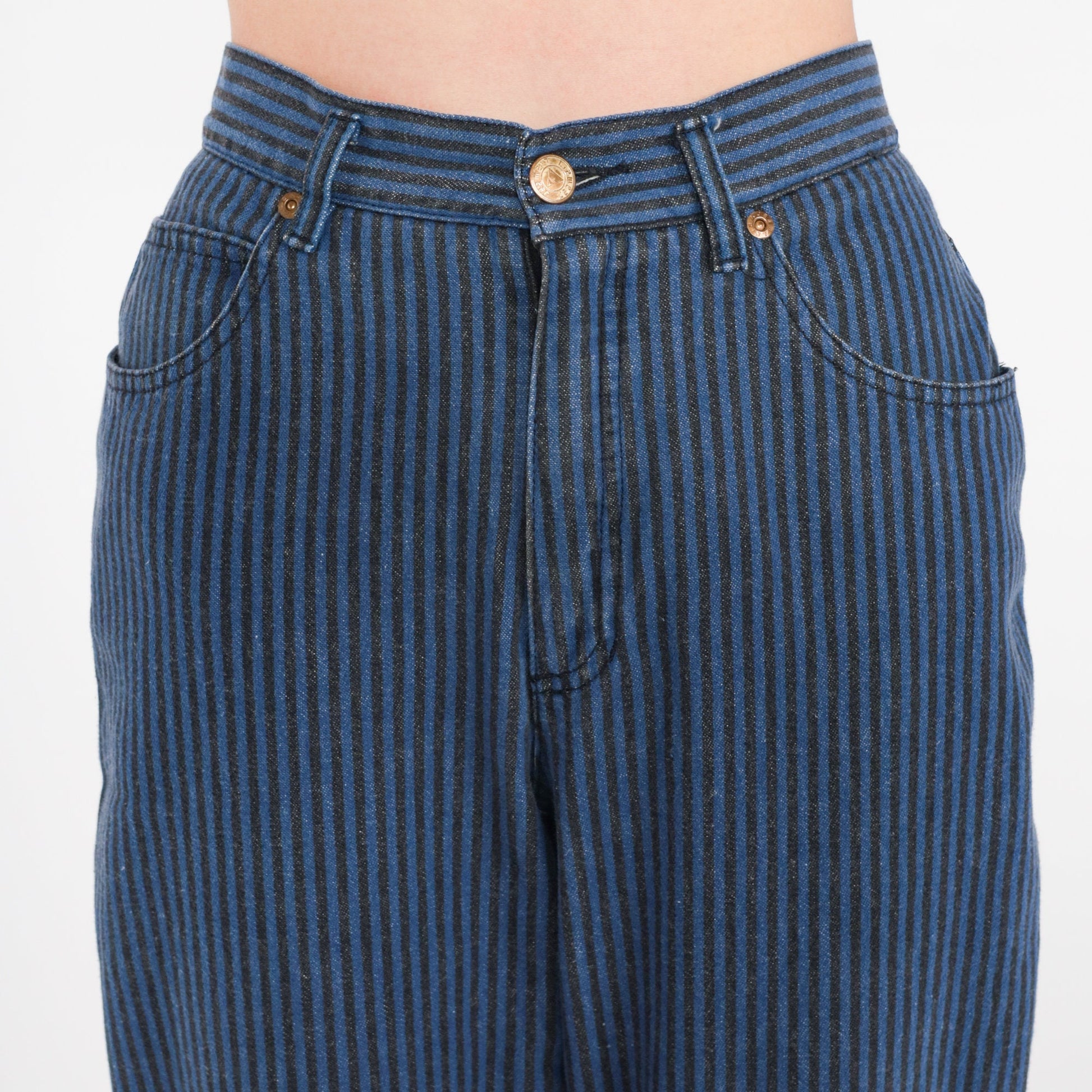 80s Liz Claiborne Striped High-Waist Tapered Jeans Black Blue Small 4