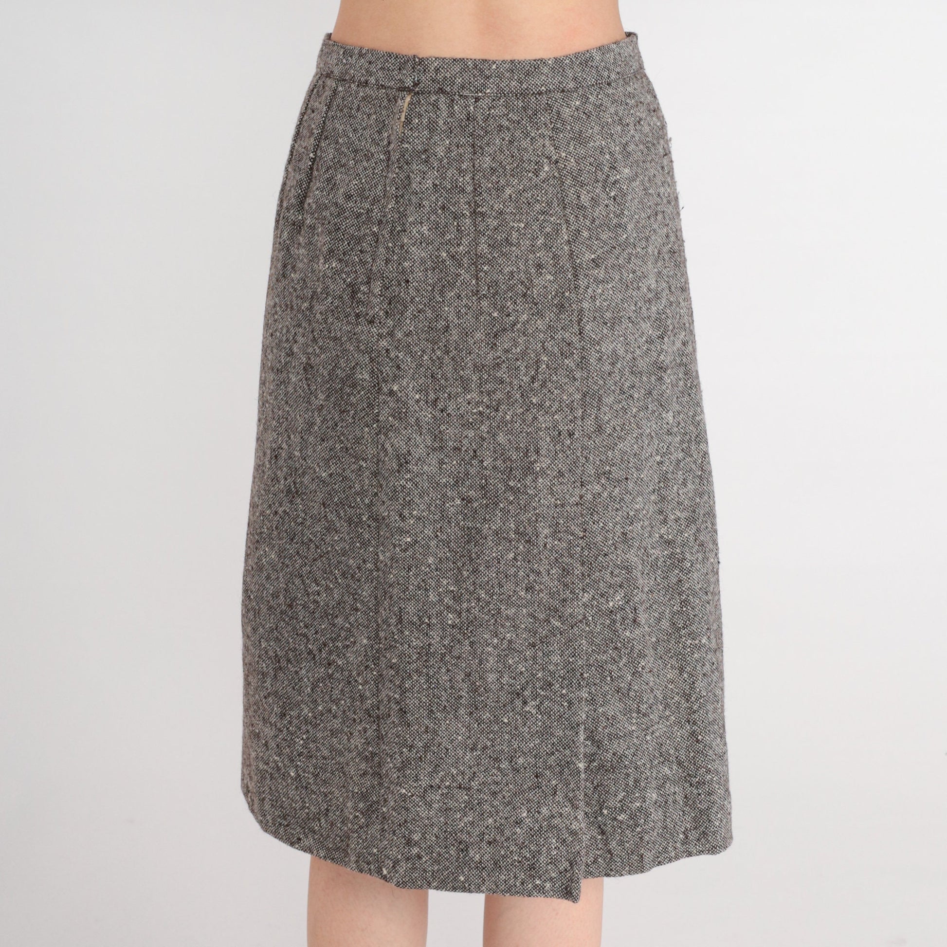 70s Grey Wool Midi Skirt High Waisted Pencil Small S