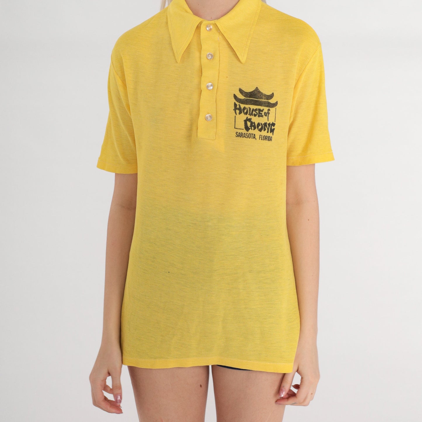 70s House of Chong Yellow Polo Shirt Dagger Collar Button-Up Medium