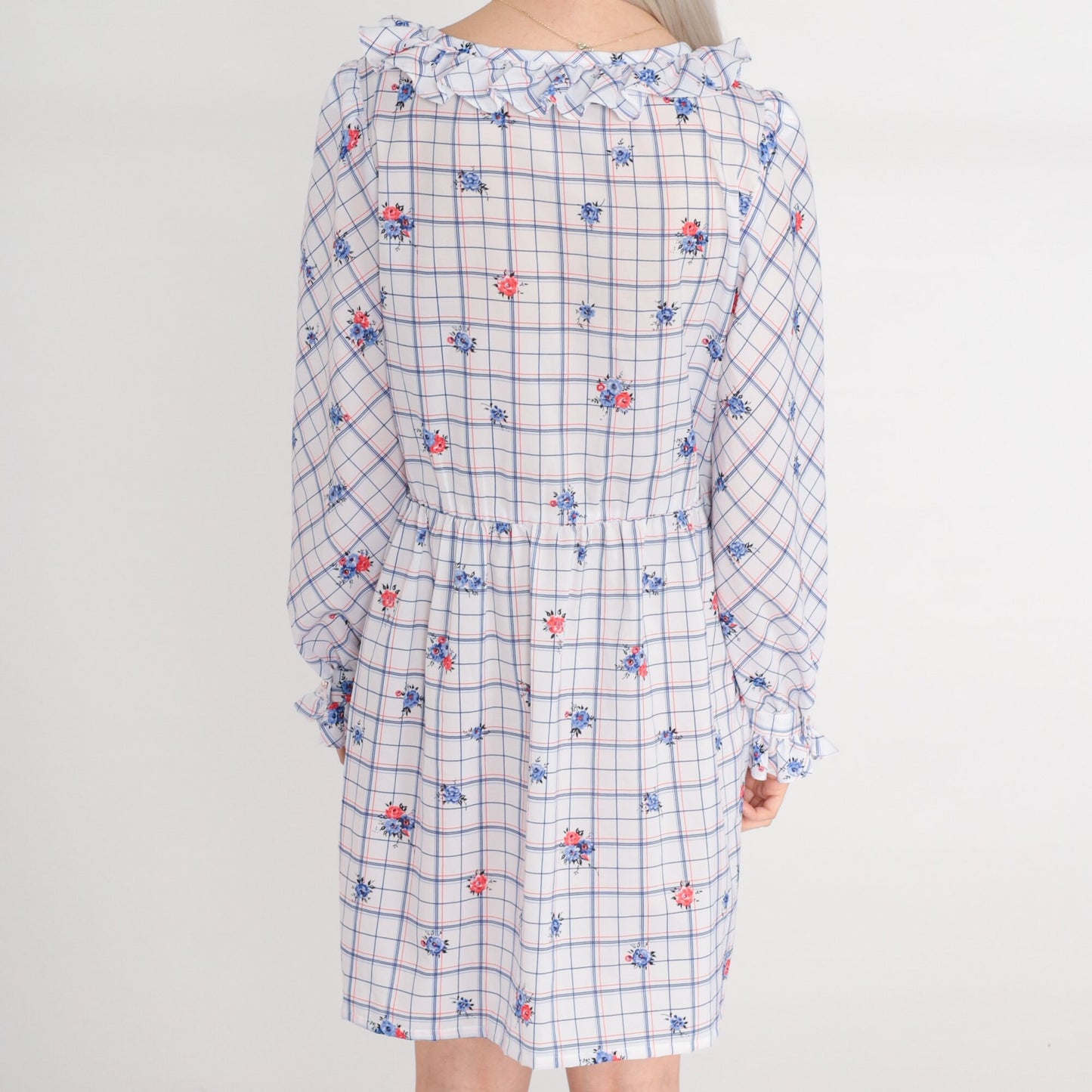 70s Checkered Floral Mini Dress Pearl Button High Waist Puff Sleeve Medium