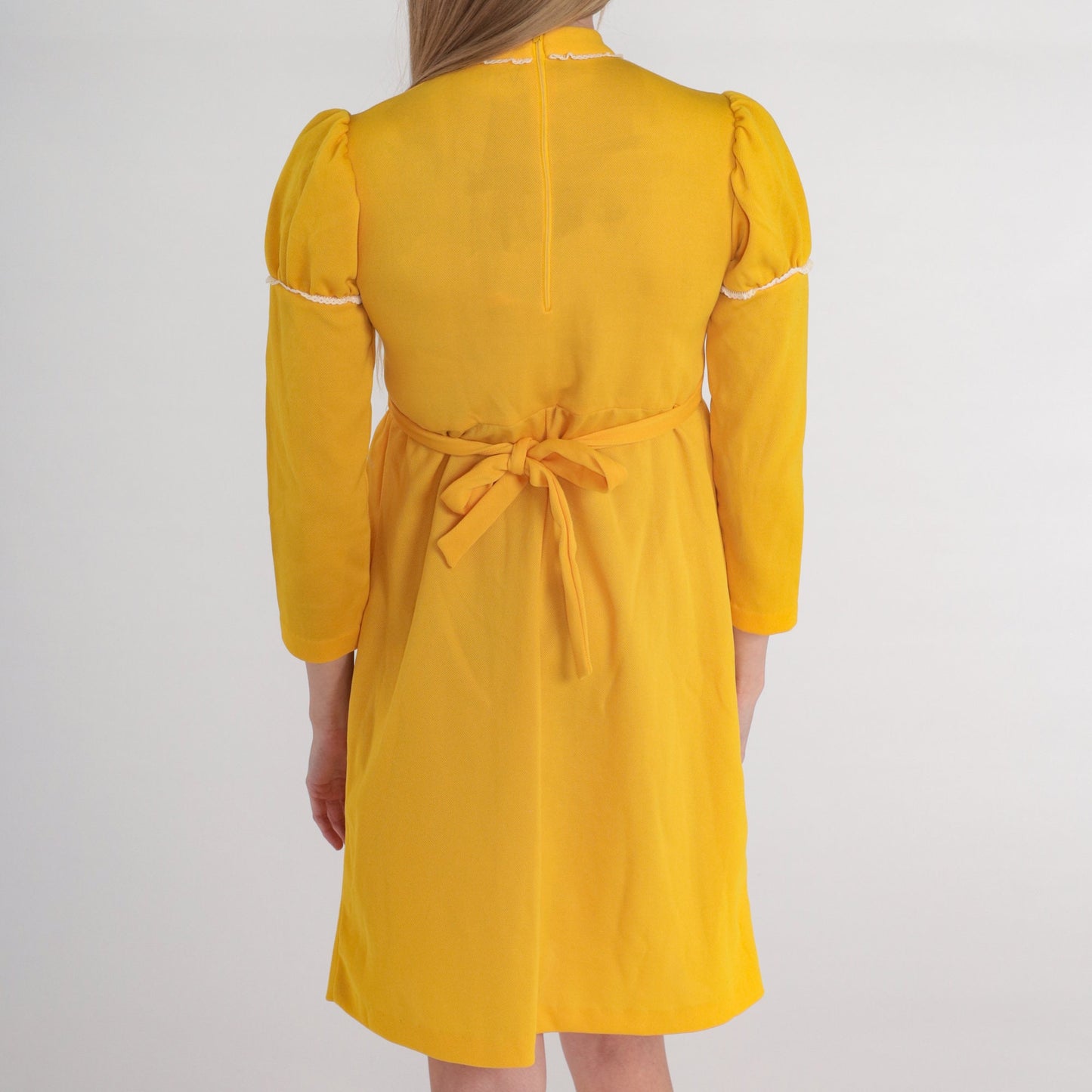 70s Yellow Babydoll Mini Dress Puff Sleeve Empire Waist XXS