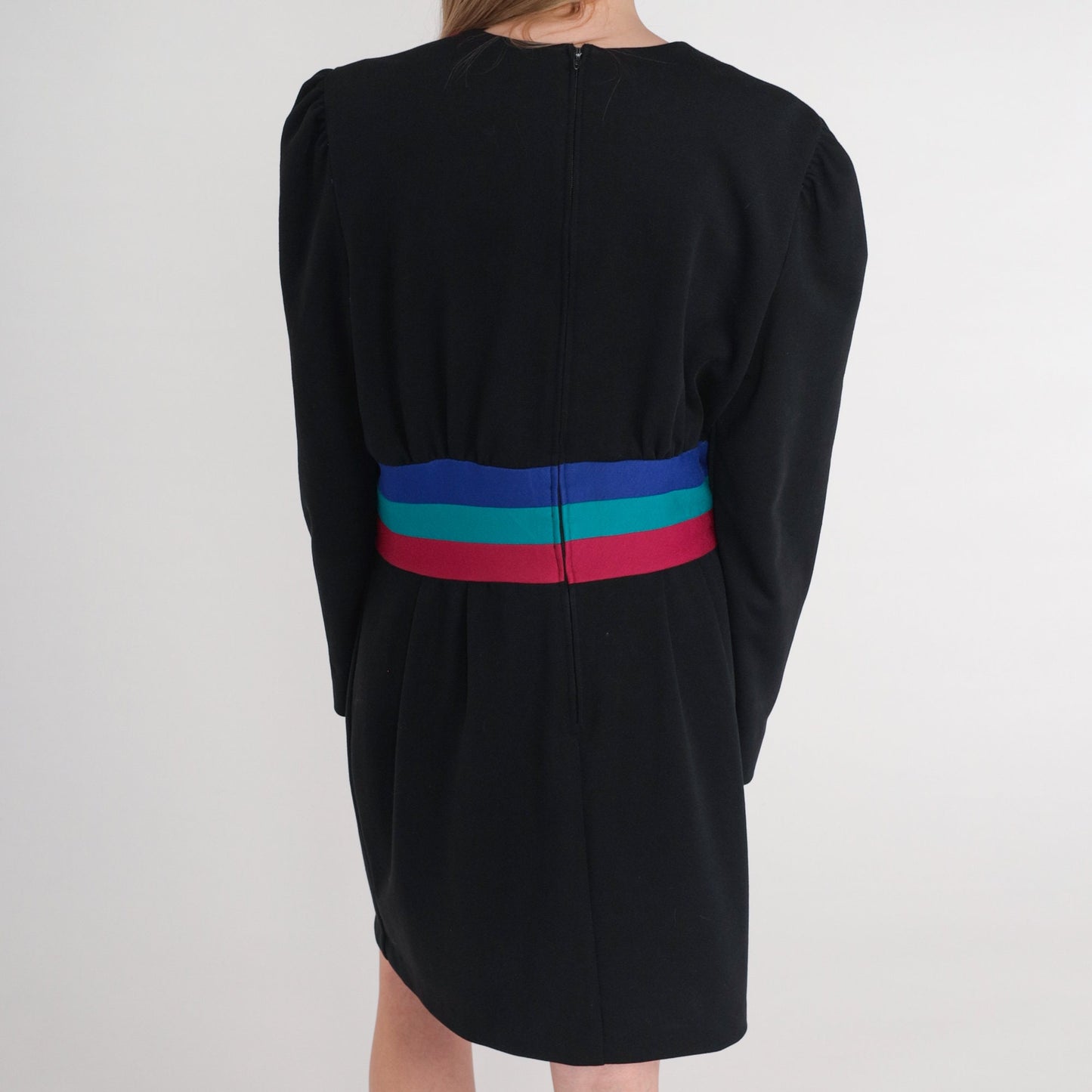 80s Leslie Fay Black Striped Mini Dress Puff Sleeve Shift Medium Large