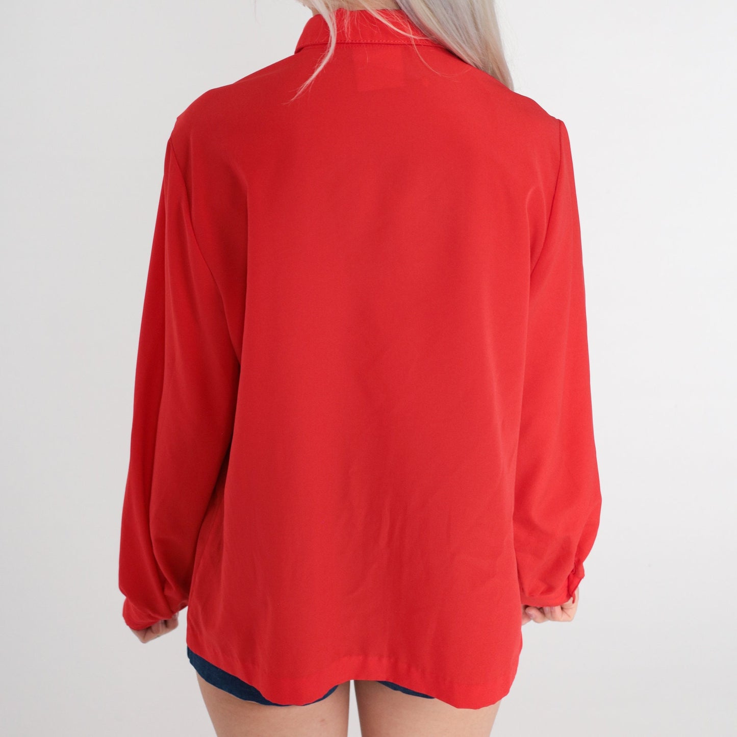 80s Red Button-Up Blouse Long Sleeve Collared Shirt Large L