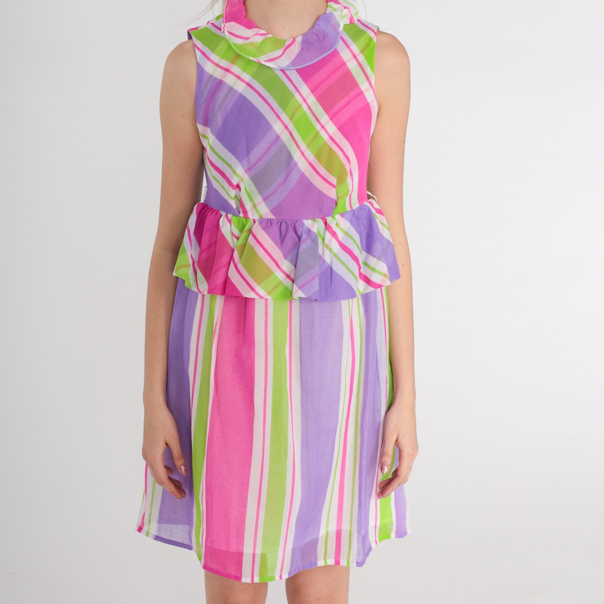 60s Mod Mini Dress Keyhole Back Pink Purple Striped Empire Waist Extra Small