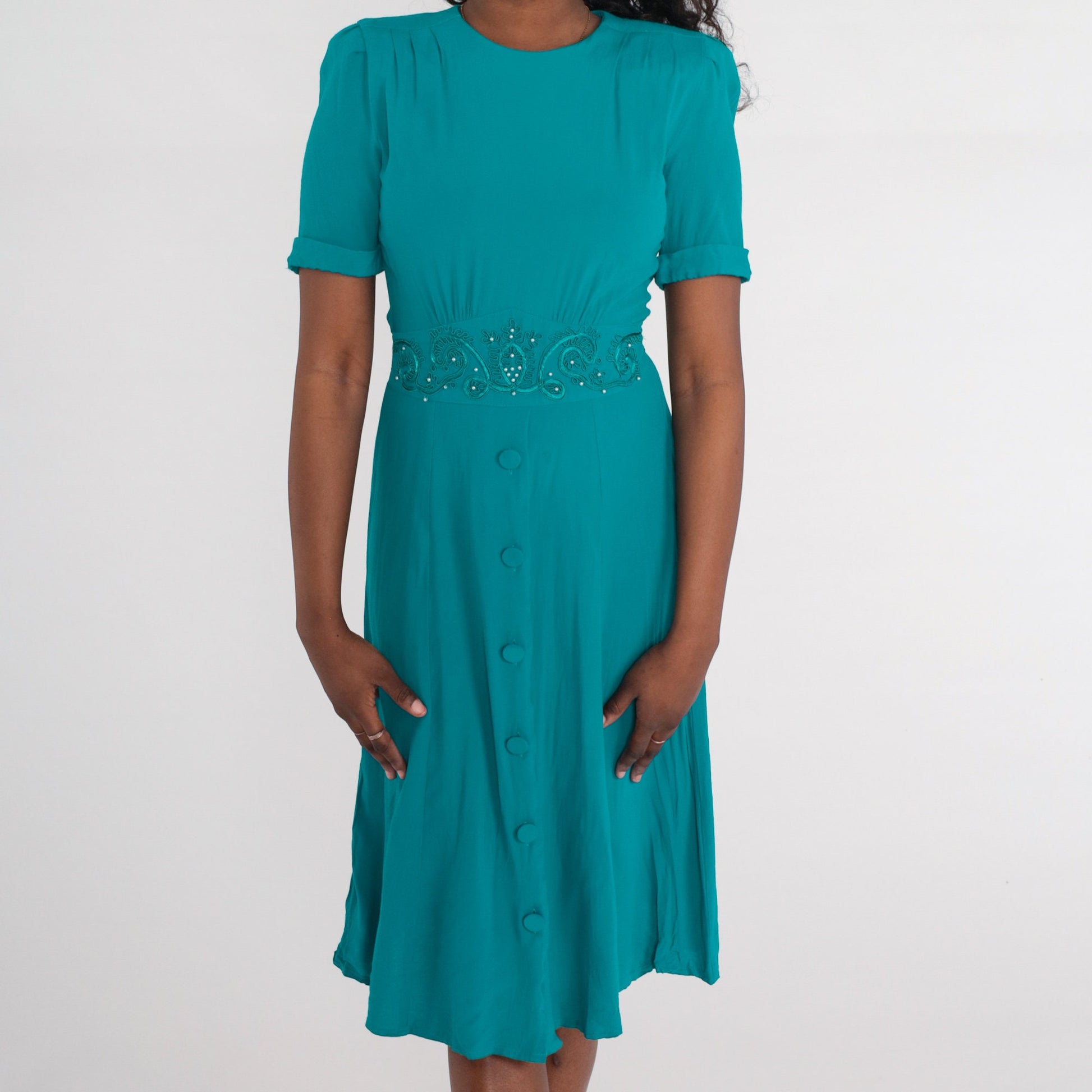 80s Teal Beaded Midi Dress Puff Sleeve High Waist Button Front Extra Small