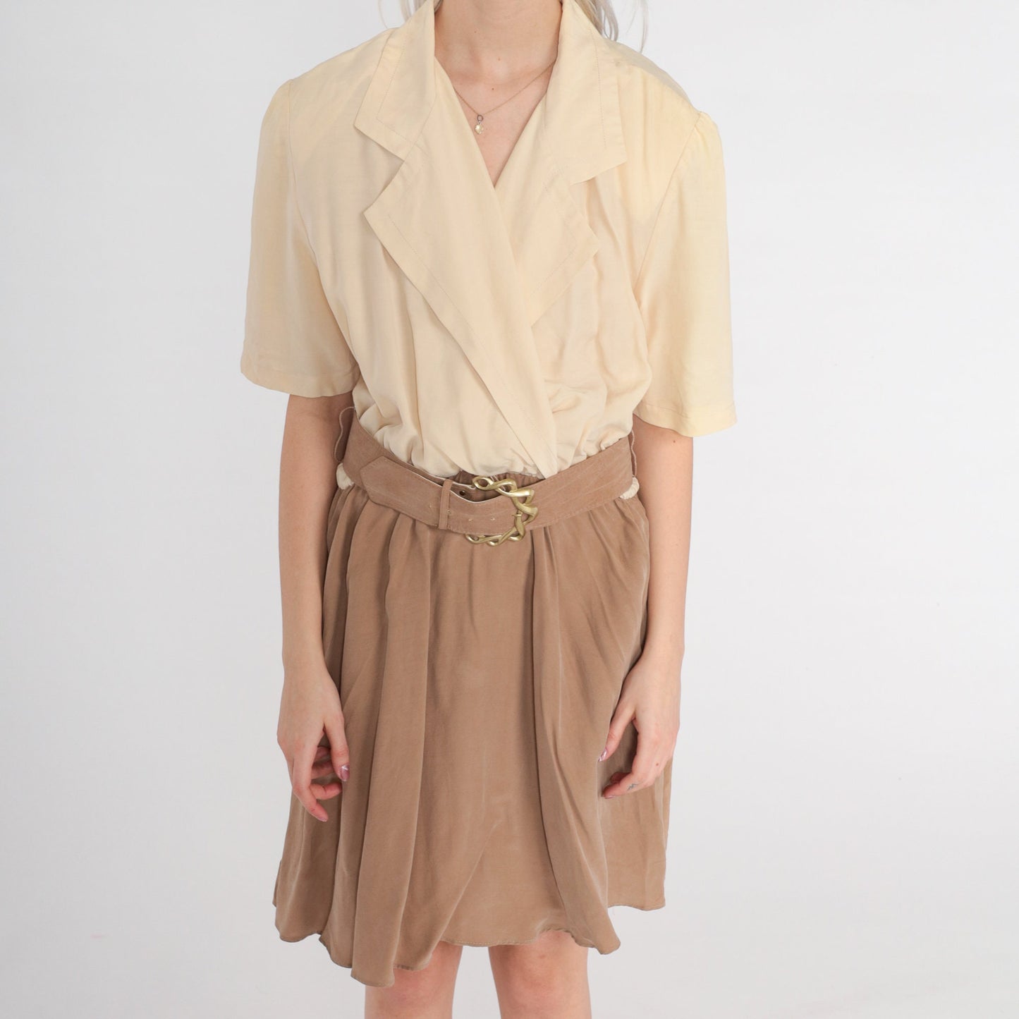 80s Wrap Dress Cream Brown Mini V-Neck High-Waisted Pockets Belt Large L