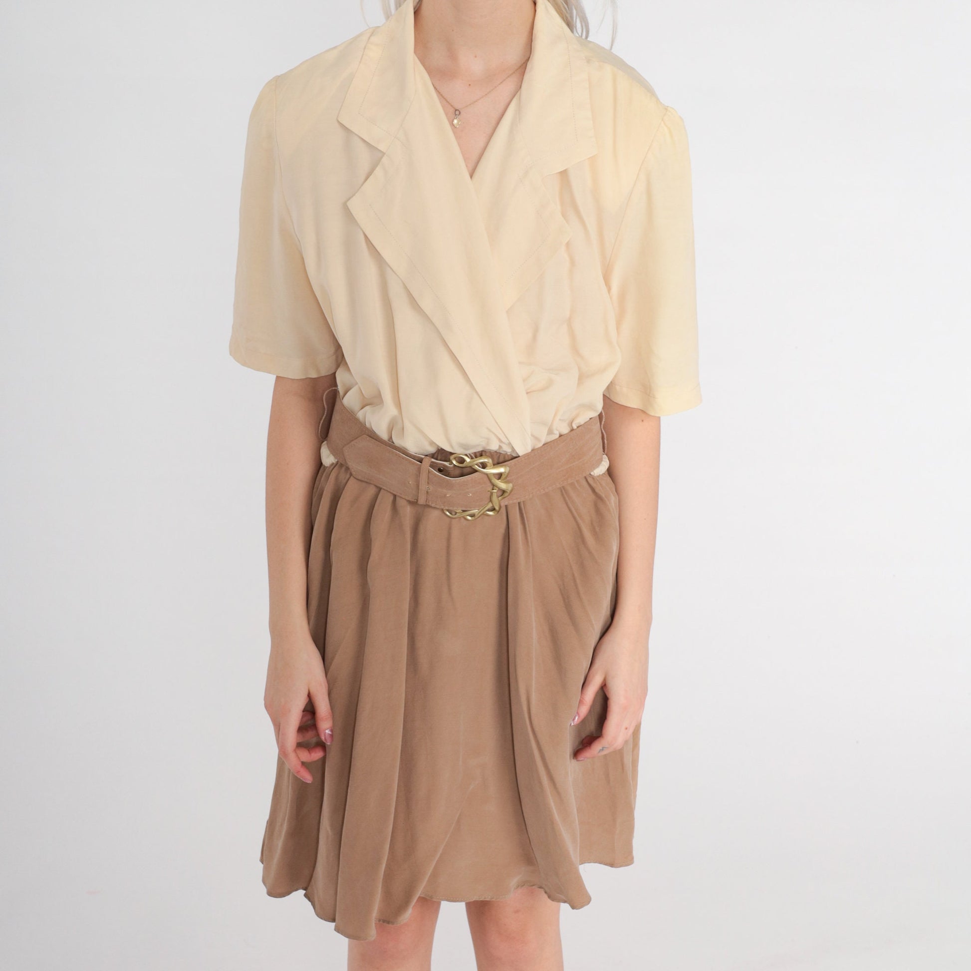 80s Wrap Dress Cream Brown Mini V-Neck High-Waisted Pockets Belt Large L