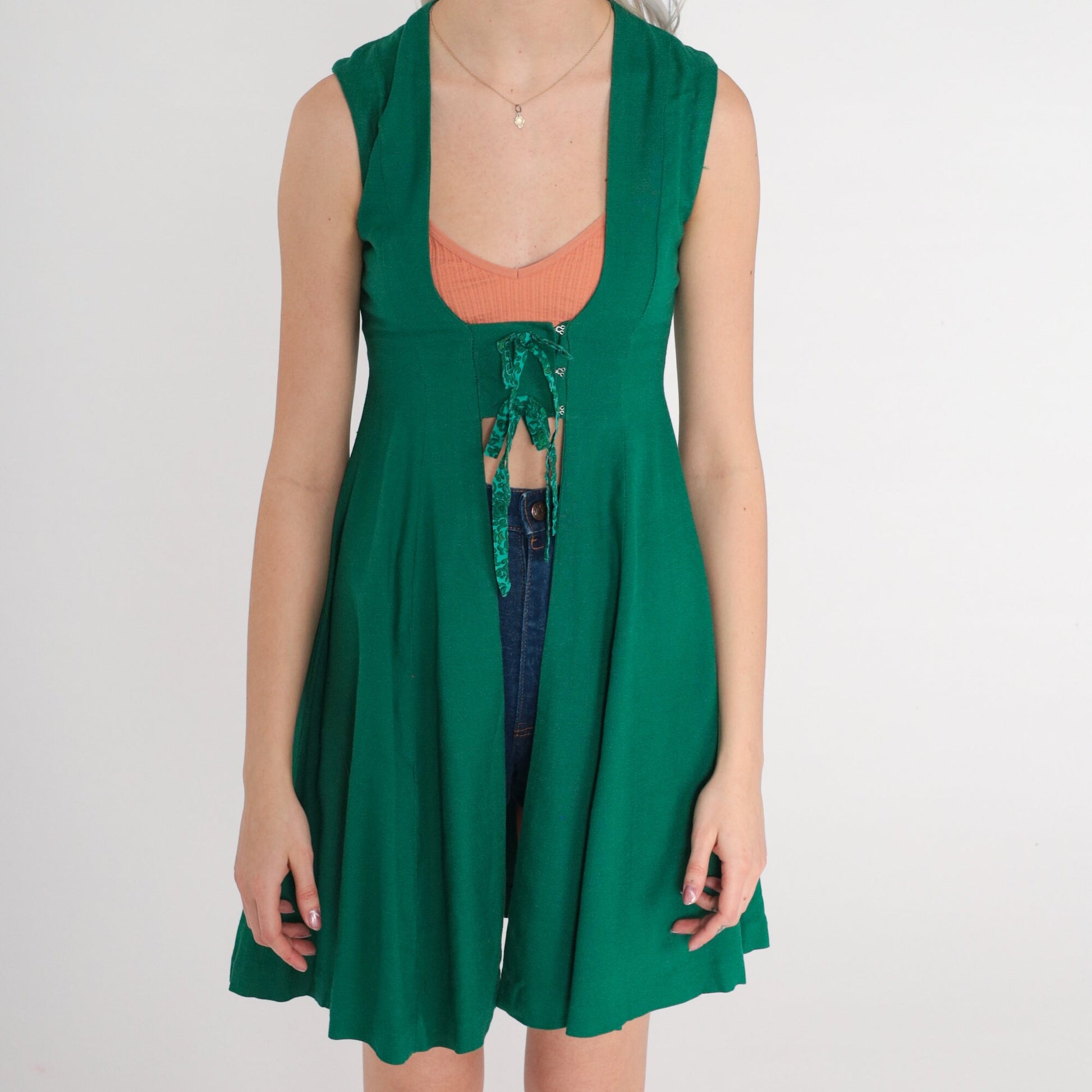 70s Green Mini Dress Open Front Sleeveless Scoop Neck Extra Small