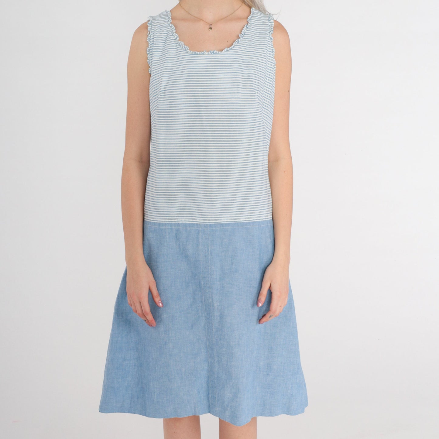 60s Mod Shift Dress Blue White Striped Mini Drop Waist Sleeveless Small